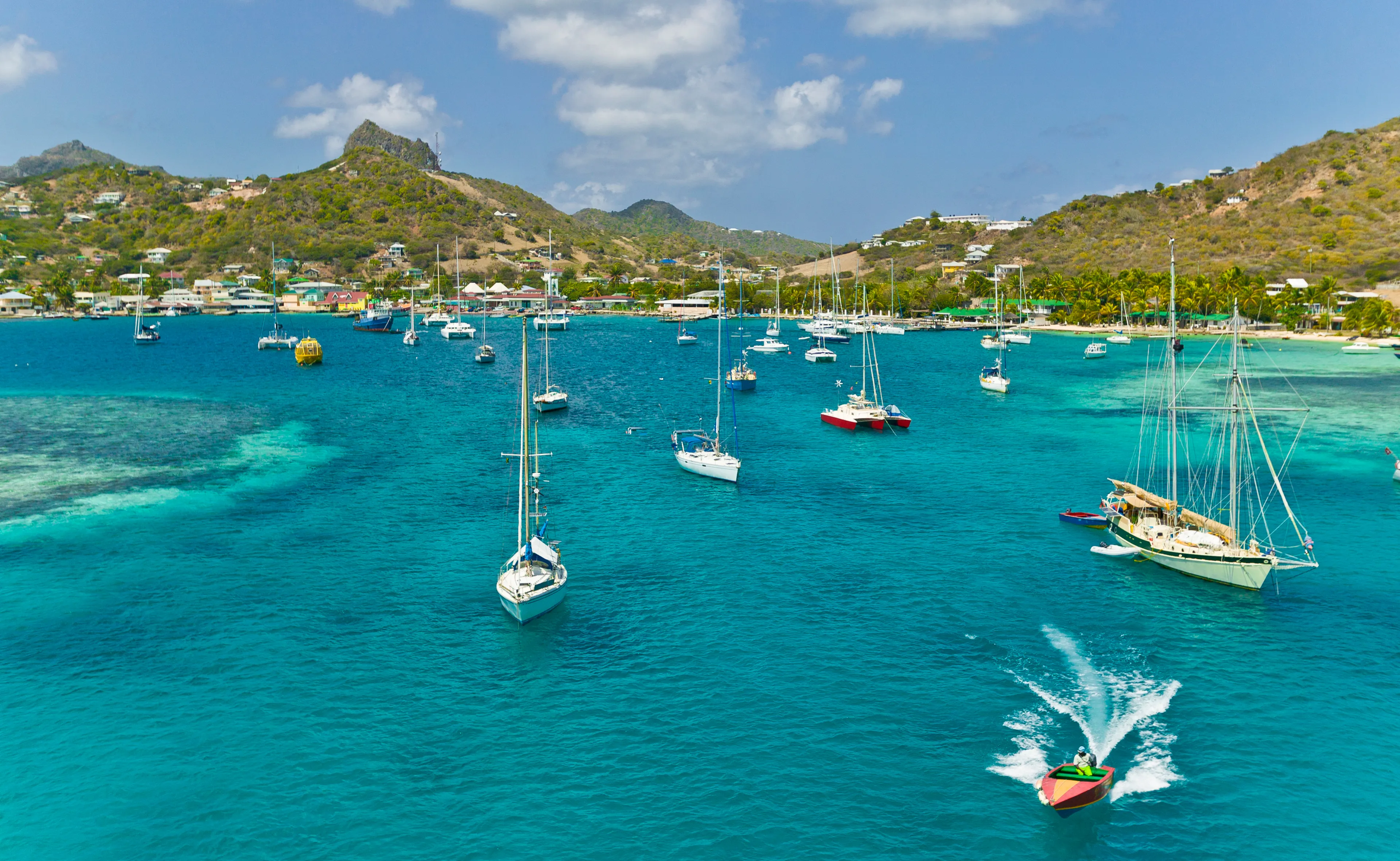 anchoring sailbooats in the shallow waters of Union Island,St.Vincent and Grenadines,West Indies