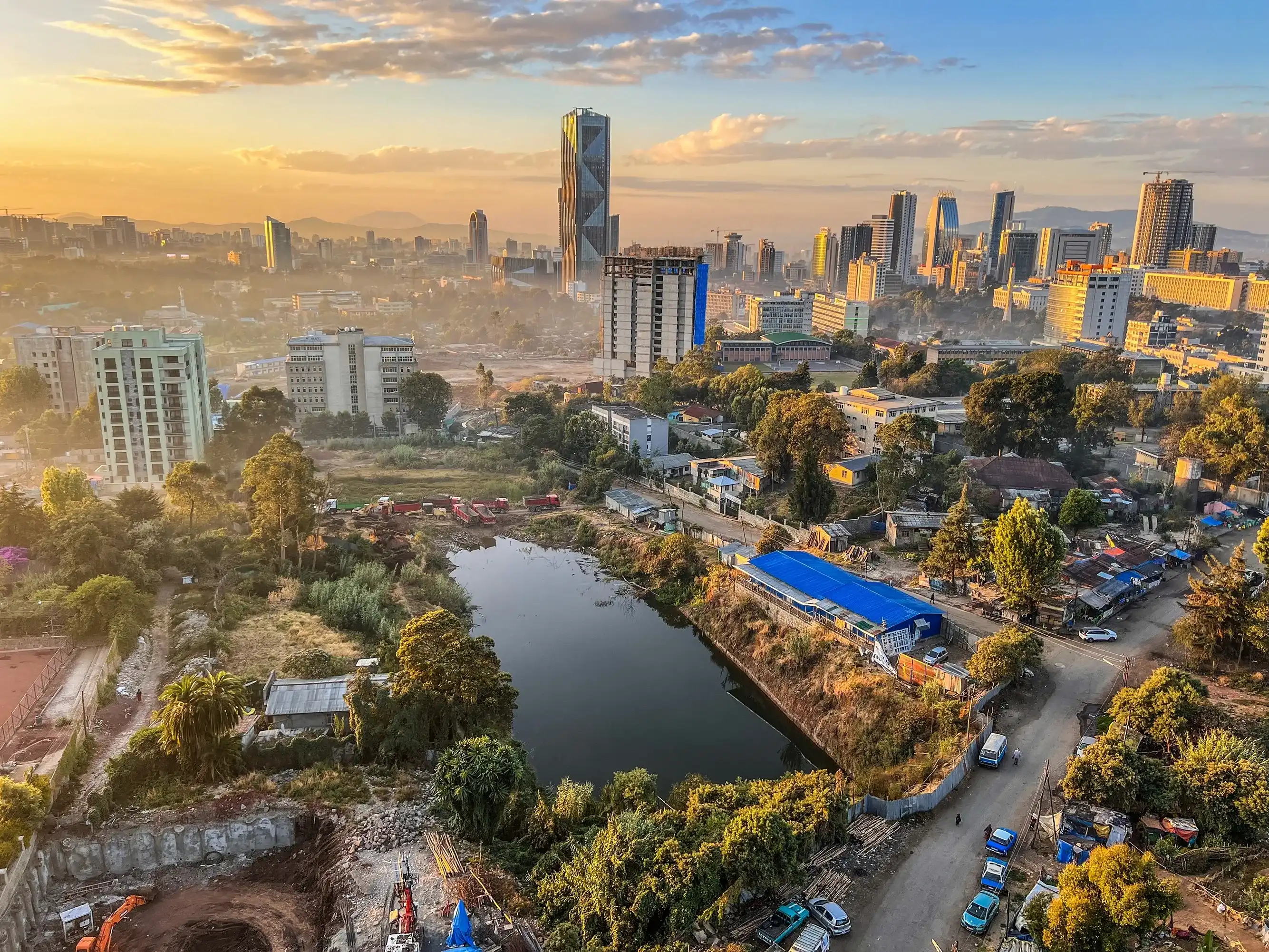 Aerial overview of Addis Abeba city, the capital of Ethiopia, showing brand new buildings and construction in the foreground, city centre and suburbs, Ethiopia Aerial overview of Addis Abeba city, the capital of Ethiopia, showing brand new buildings and construction in the foreground, city centre and suburbs, Ethiopia