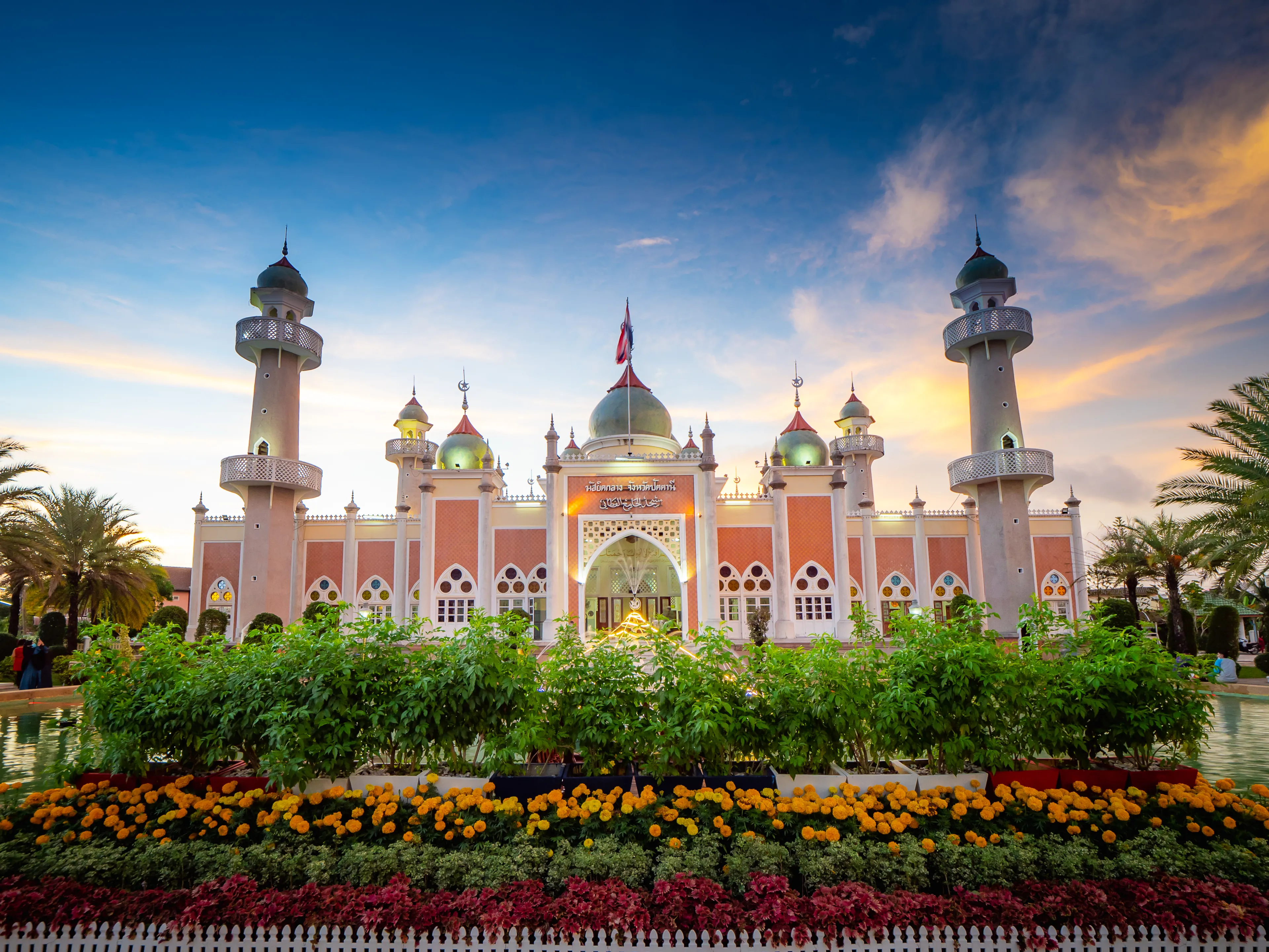 Pattani,Thailand-Dec20'20: Front view of the Central Mosque of Pattani, one of the largest and most beautiful mosques in Thailand. It is the center for Islam in the south