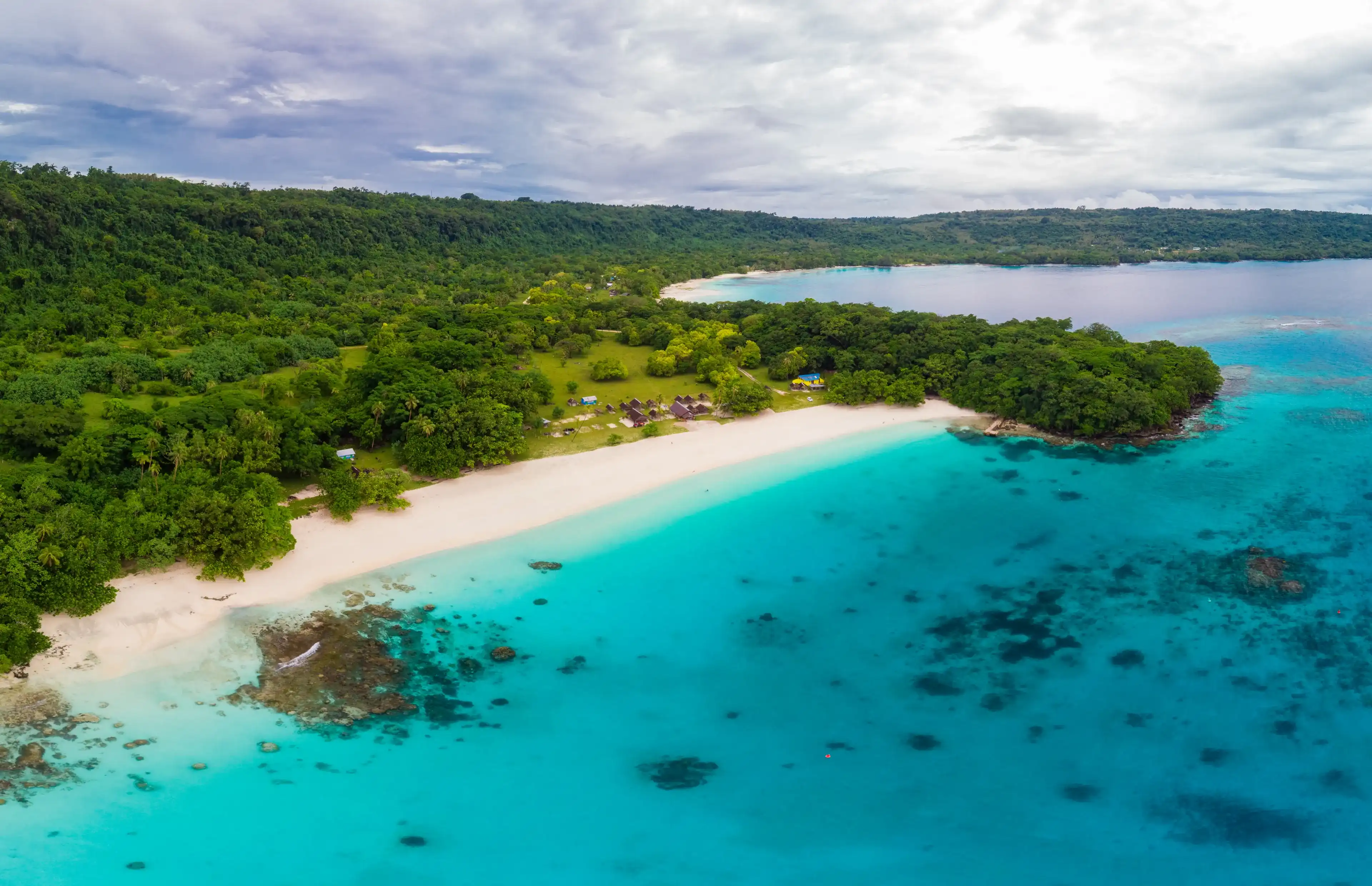 Drone view Champagne Beach, Vanuatu, Espiritu Santo island, near Luganville, South Pacific Drone view Champagne Beach, Vanuatu, Espiritu Santo island, near Luganville, South Pacific