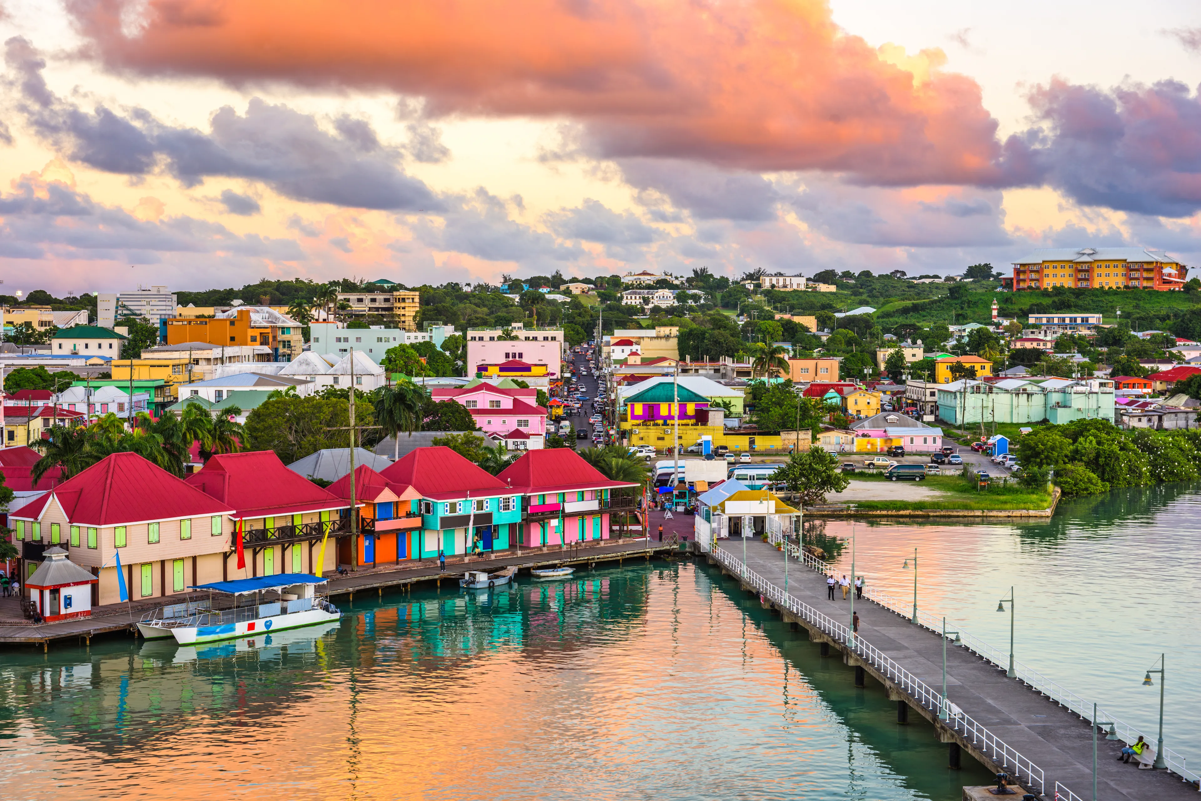 St. John's, Antigua port and skyline at dusk.