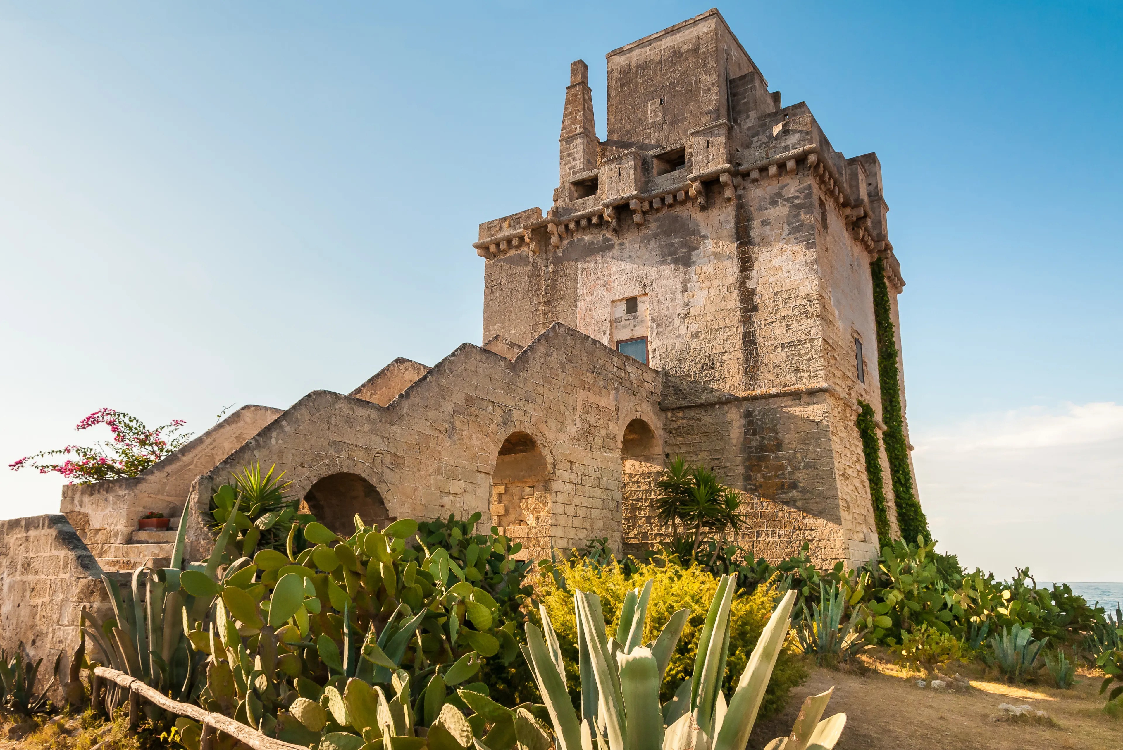 View of the historical fortification tower - Torre Colimena in village Manduria, province of Taranto, Puglia, Italy