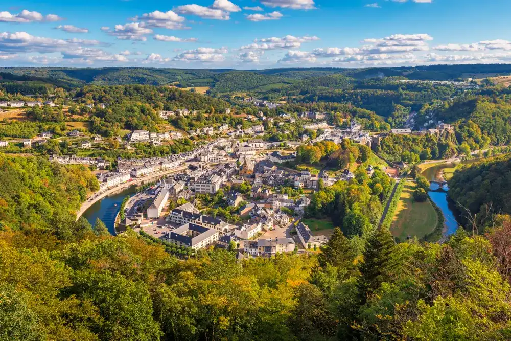 High angle view on the Village of Bouillon and the surrounding Semois river in the Luxembourg Province and Ardennes Region of Wallonia Belgium High angle view on the Village of Bouillon and the surrounding Semois river in the Luxembourg Province and Ardennes Region of Wallonia Belgium