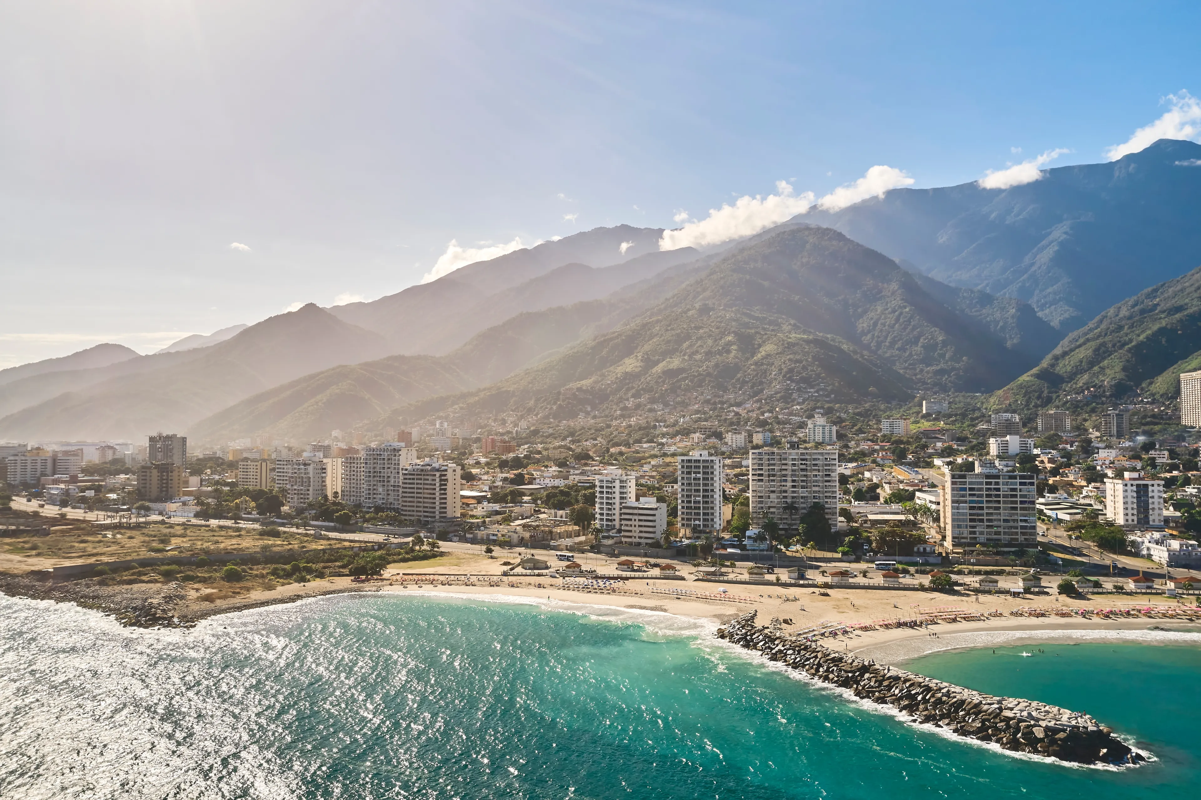 Aerial view picturesque public beach with turquoise water. Los Corales, La Guaira, Venezuela