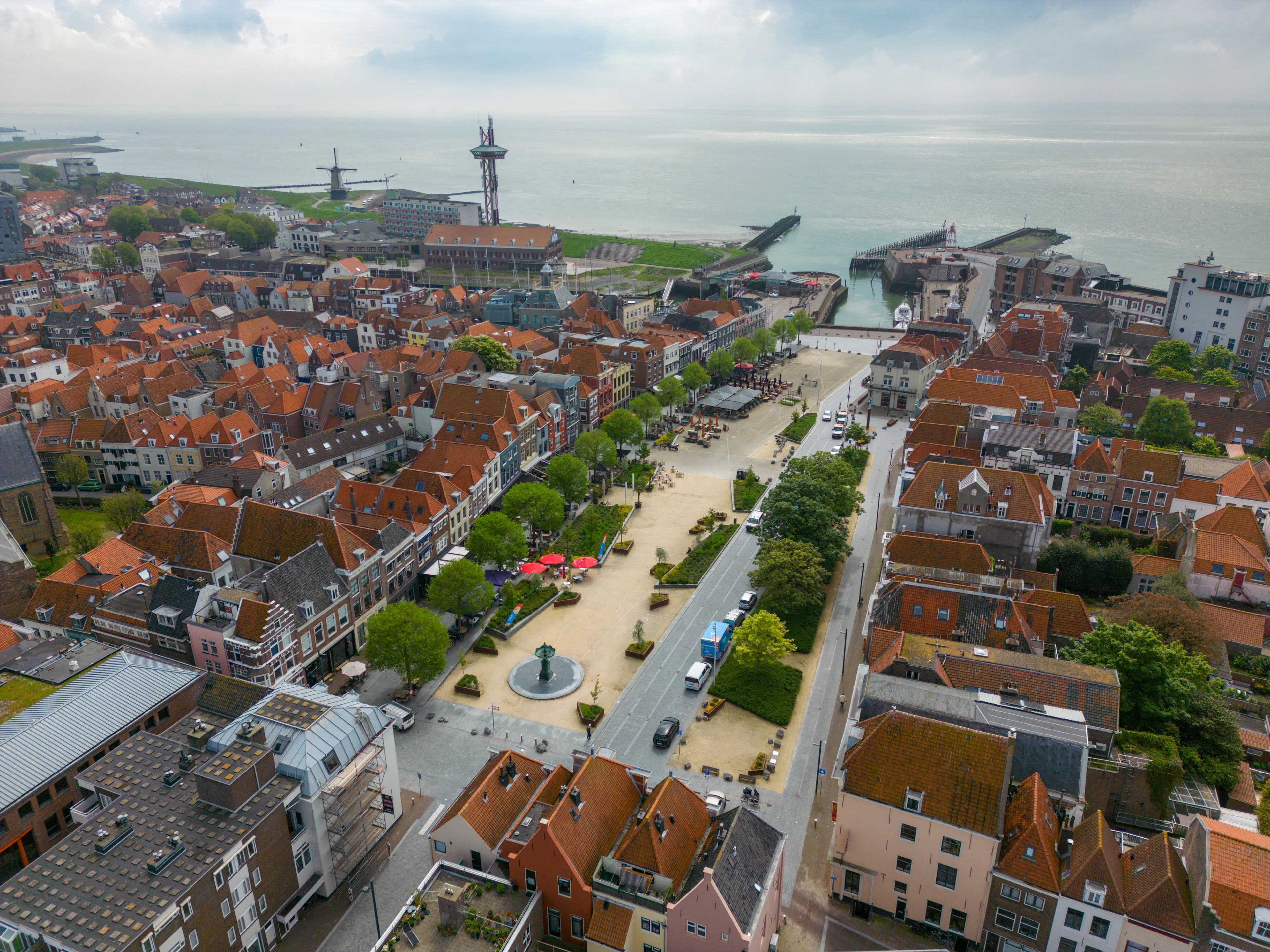 This aerial drone photo shows a large square in Vlissingen. Vlissingen is a coastal town in Zeeland, the Netherlands. 
