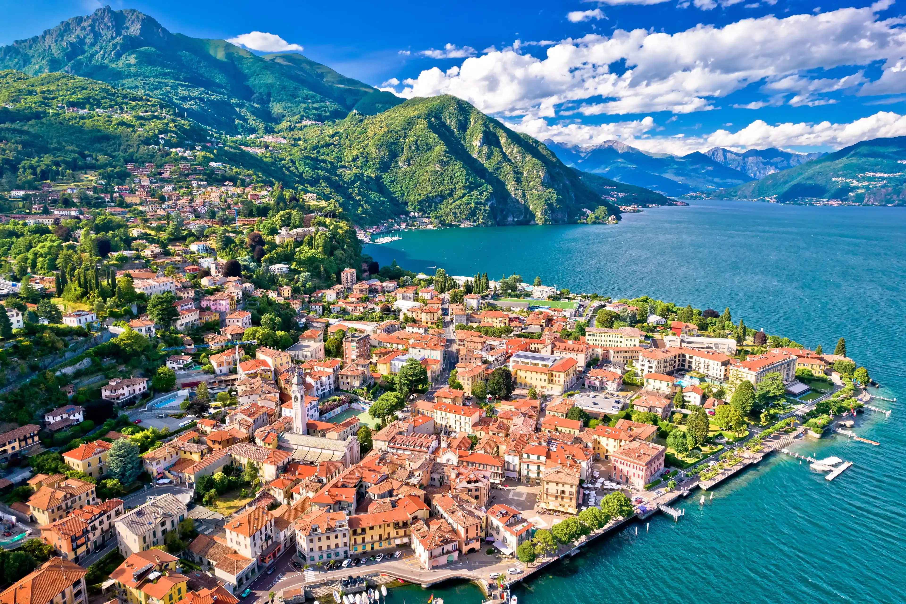 Como Lake and town of Menaggio waterfront aerial view, Lombardy region of Italy Como Lake and town of Menaggio waterfront aerial view, Lombardy region of Italy