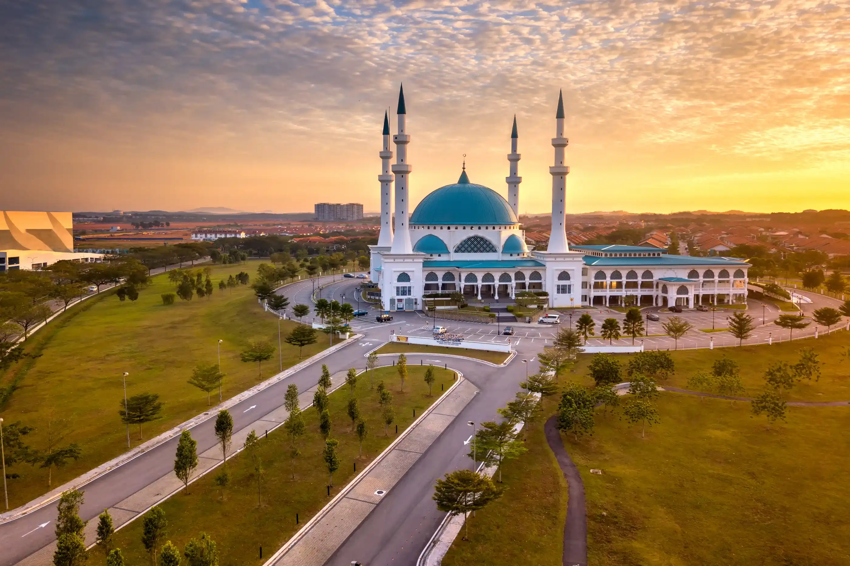Aerial view of Masjid Sultan Iskandar, Bandar Baru Dato’ Onn Johor Bahru, Malaysia during sunrise. Aerial view of Masjid Sultan Iskandar, Bandar Baru Dato’ Onn Johor Bahru, Malaysia during sunrise.