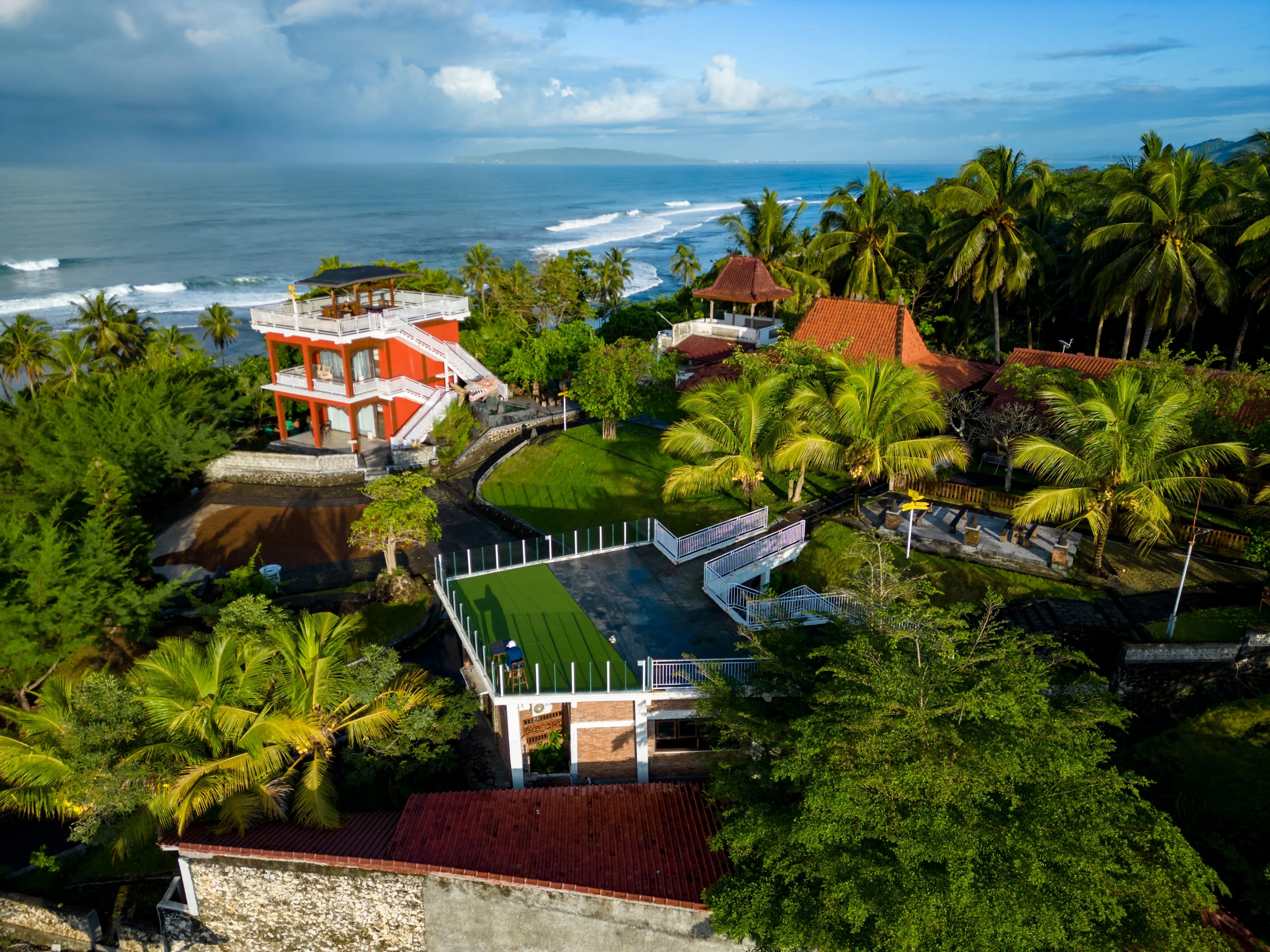 Aerial View of Resort and Lodging Located on the Hill on the South Sea of Java, Karapyak Pangandaran, Indonesia