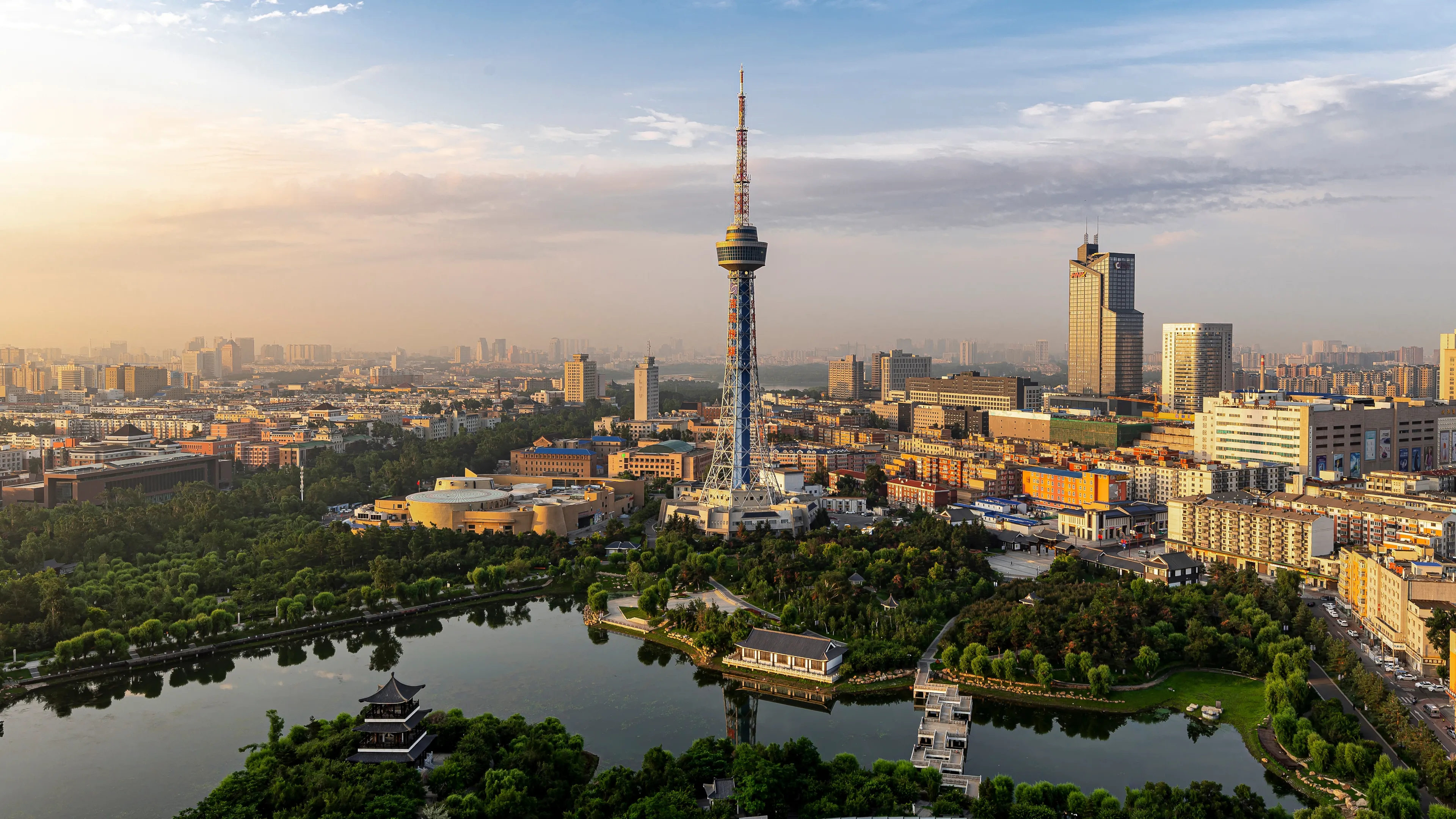 The urban landscape of Changchun, China after sunrise, July 6, 2021, Changchun, China.