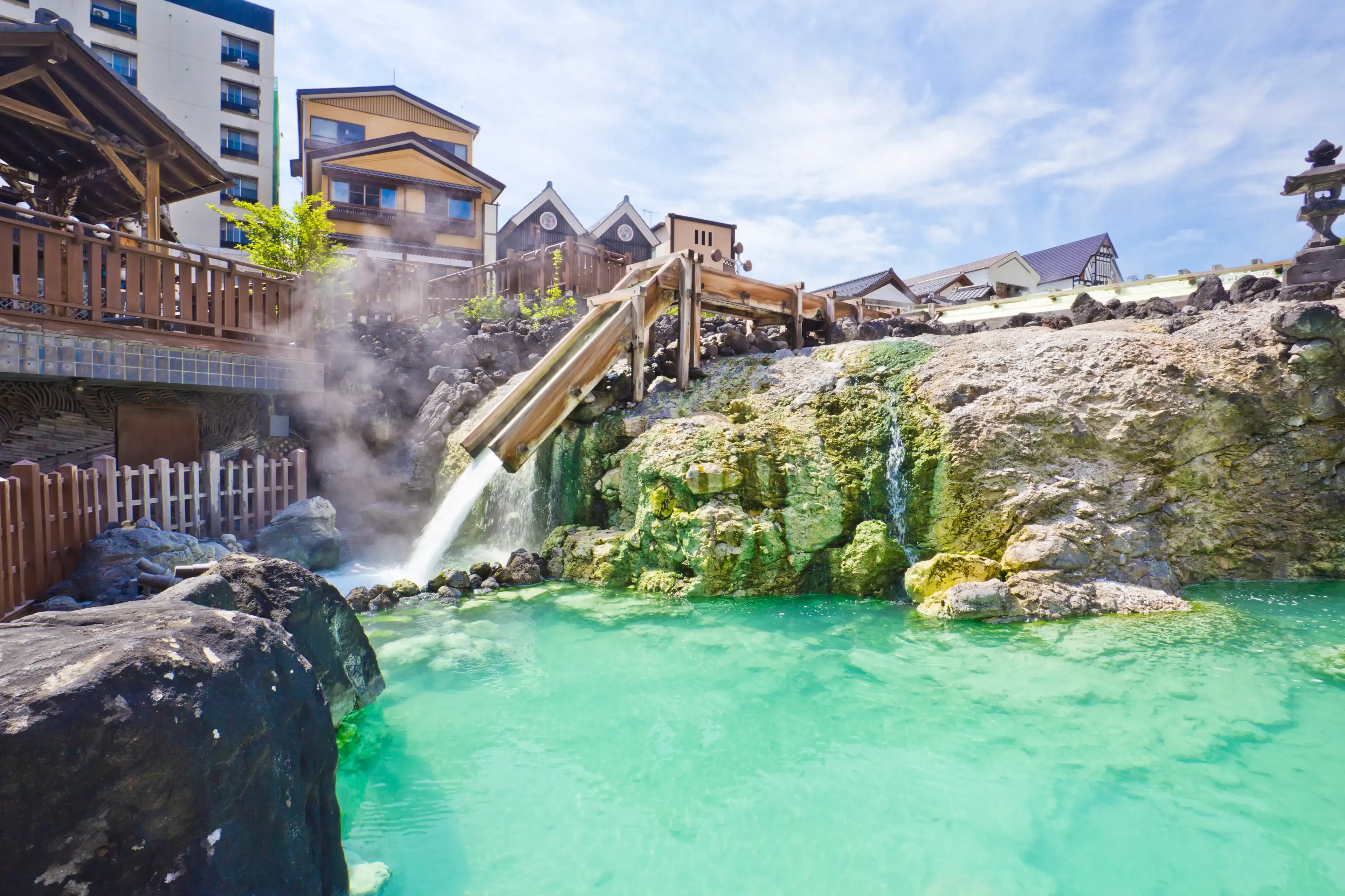 Yubatake onsen, hot spring wooden boxes with mineral water in Kusatsu onsen, Gunma prefecture, Japan Yubatake onsen, hot spring wooden boxes with mineral water in Kusatsu onsen, Gunma prefecture, Japan