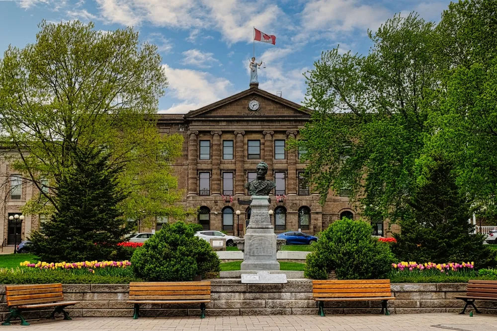 Brockville, Ontario, Canada. May 15, 2023. Brockville Court House with General Sir Isaac Brock Monument in spring.