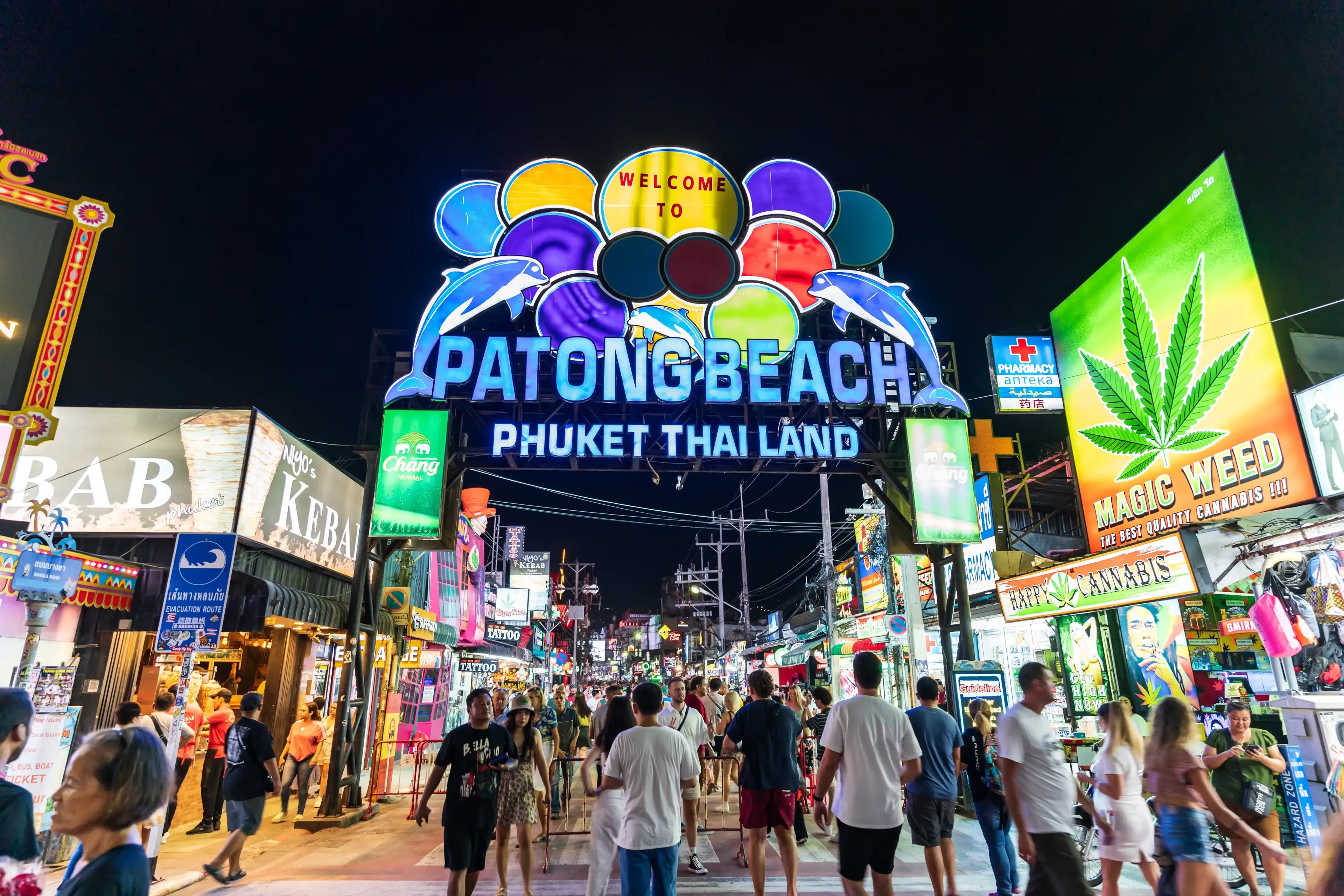 PHUKET, THAILAND - April 25, 2023: Tourists are walking at Bangla road near patong beach, Bangla Road is Phuket's most important night street PHUKET, THAILAND - April 25, 2023: Tourists are walking at Bangla road near patong beach, Bangla Road is Phuket's most important night street