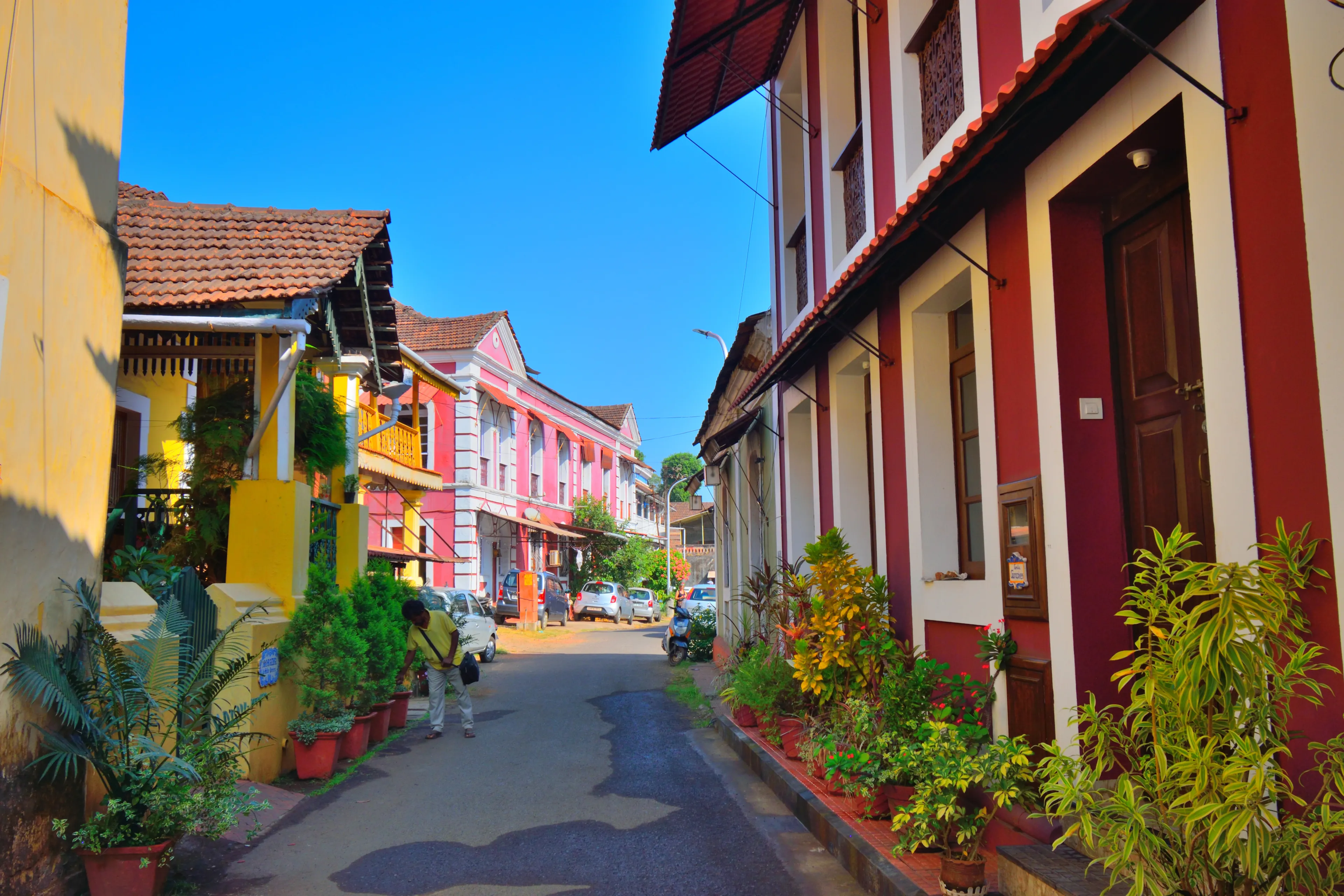 Panaji, India - January 23, 2019: A narrow lane surrounded by colorful portuguese houses in Panjim, Goa.