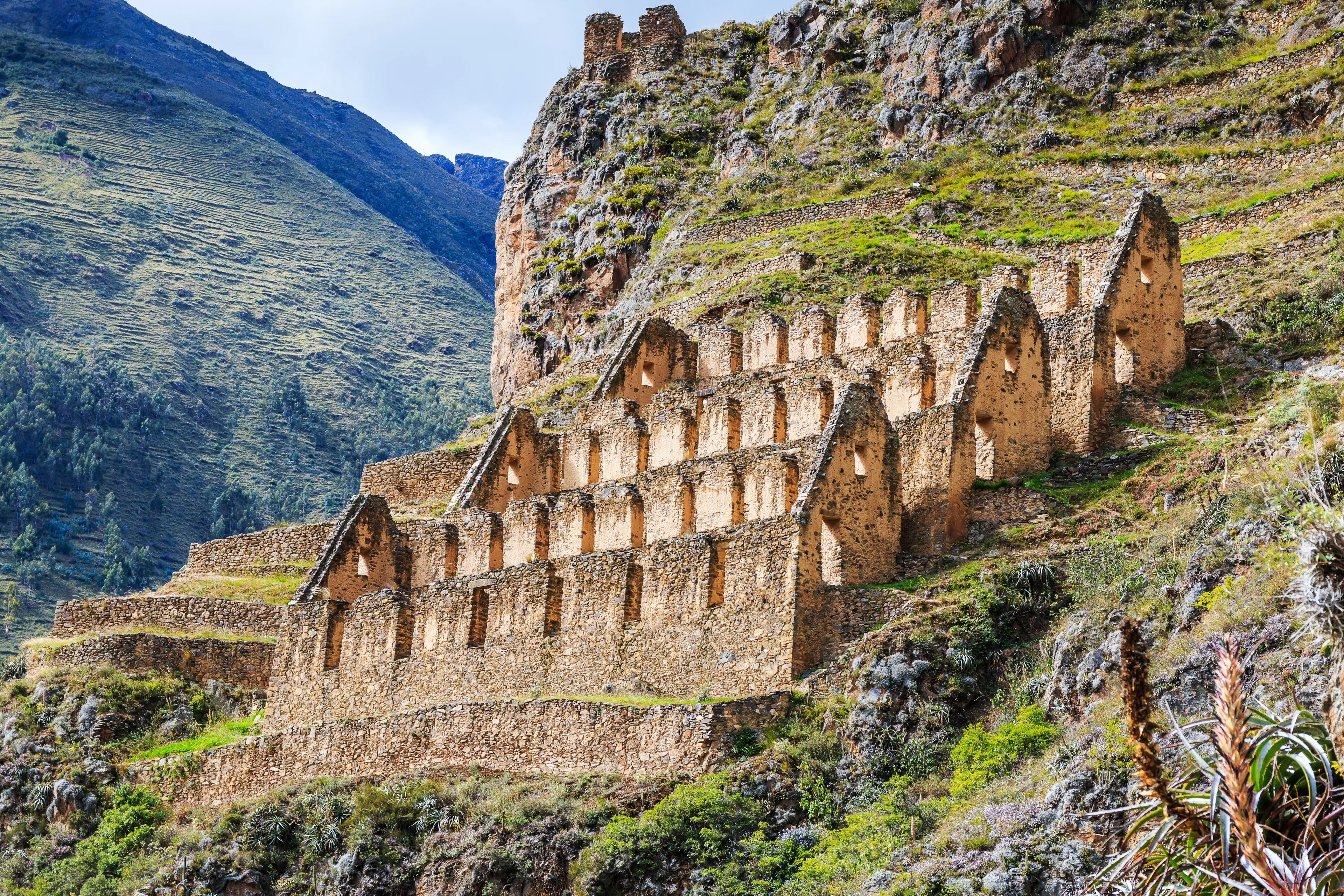 Ollantaytambo, Peru. Pinkuylluna, Inca storehouses in the Sacred Valley.