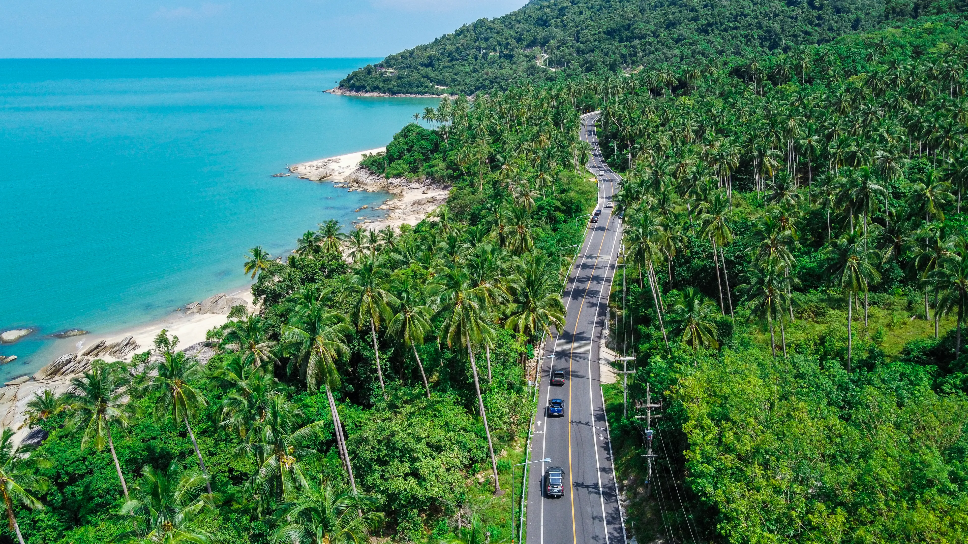 Aerial view of road and beach between Khanom and Sichon, Nakhon Si Thammarat, Thailand