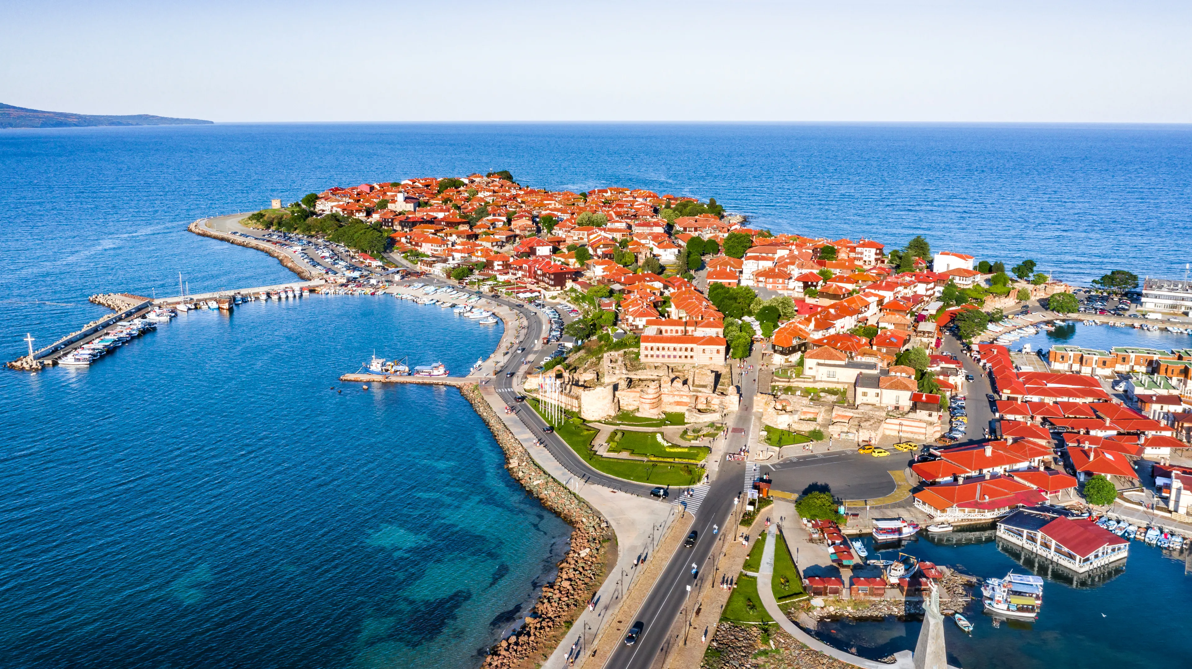 Nessebar, Bulgaria. Aerial view of Mesembria ancient city on the Black Sea coast of Bulgaria.