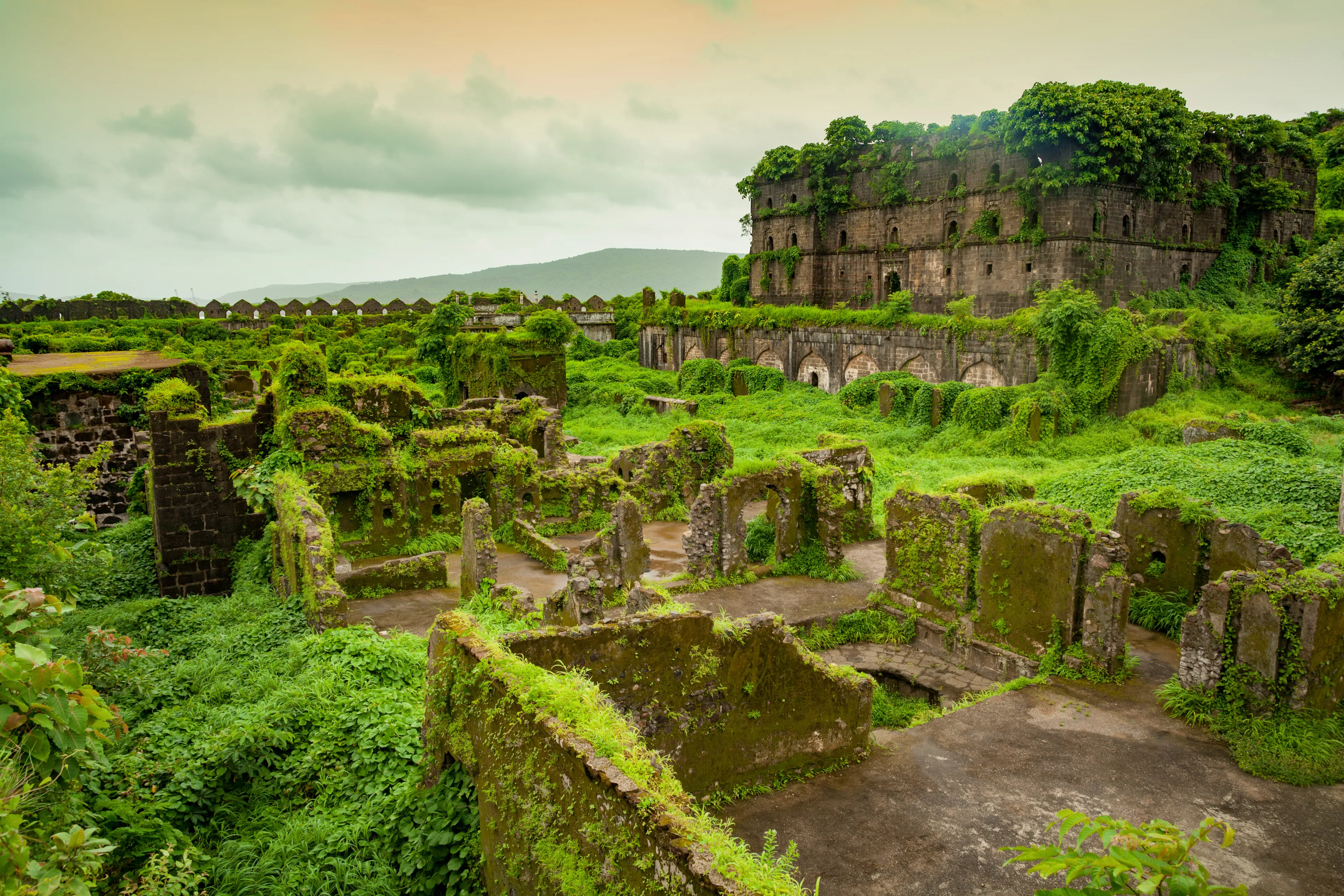 View of Murud Janjira Fort in monsoon season at Konkan, Maharashtra, India.