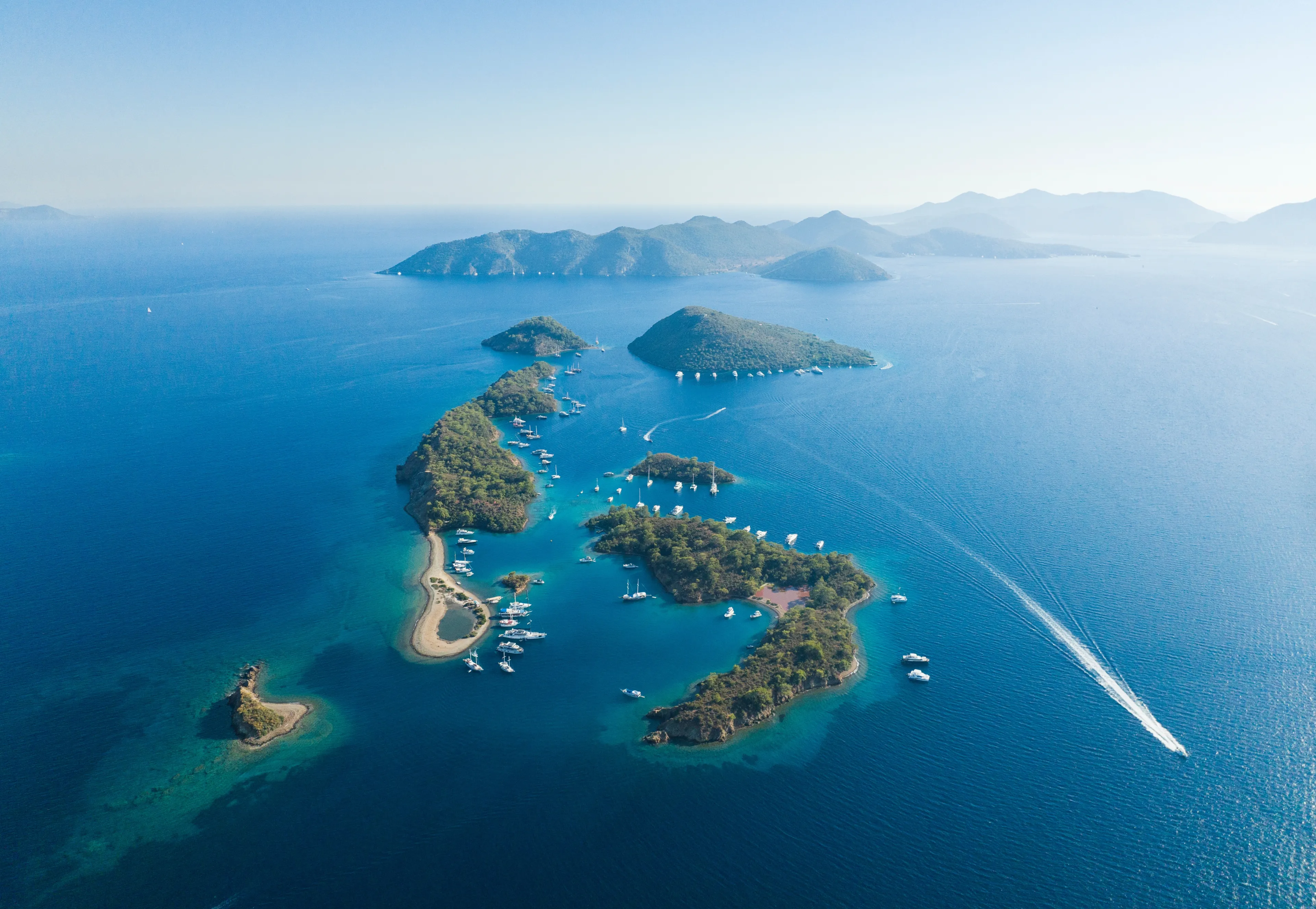 Turkish Maldives Yassica Islands Drone Photo, Gocek Fethiye, Mugla Turkiye (Turkey)