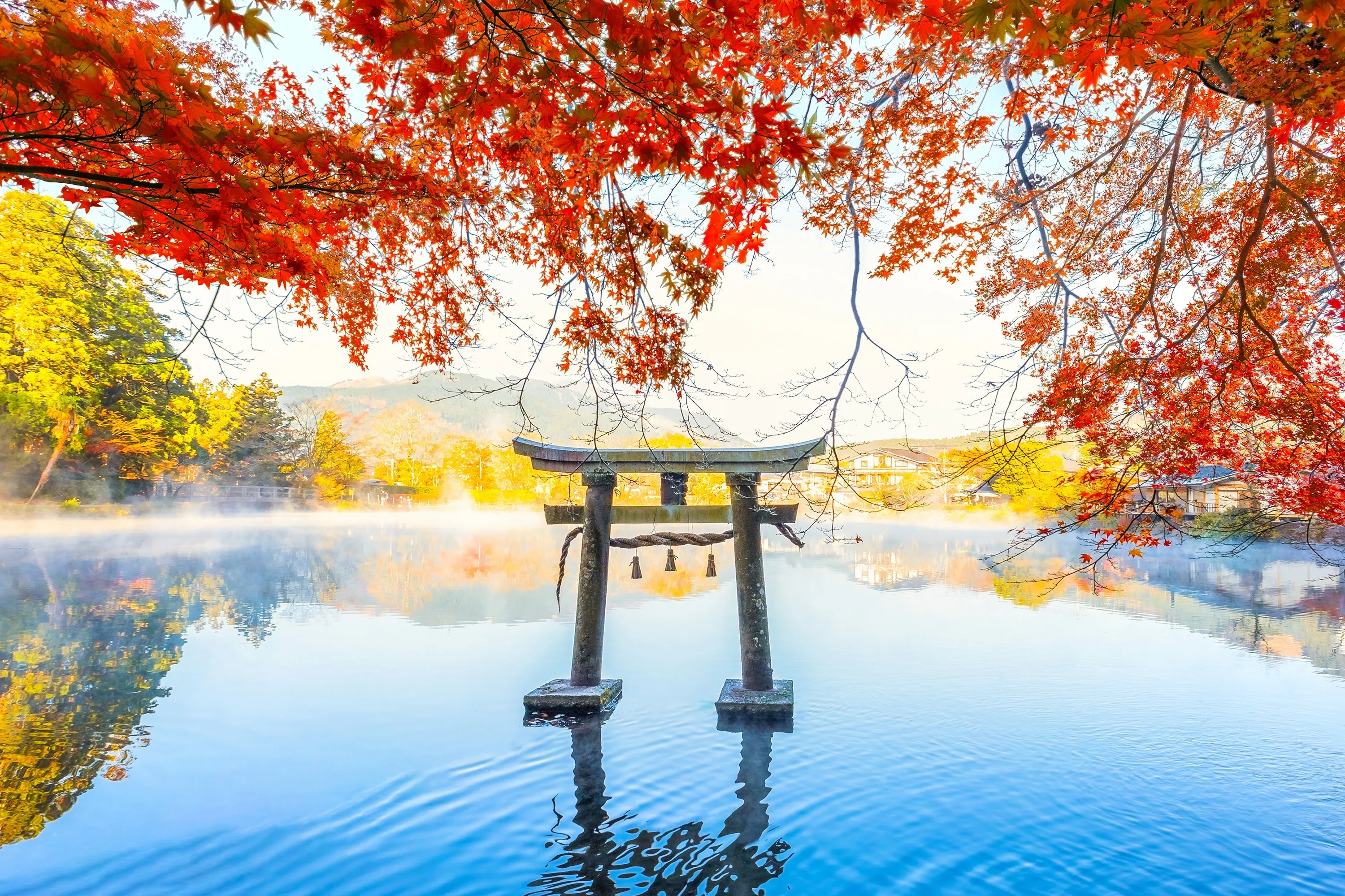 Tenso-jinja shrine at lake Kinrin, in Yufuin resort town, Oita, Japan is one of the representative sightseeing spots in the Yufuin area at the foot of Mount Yufu.