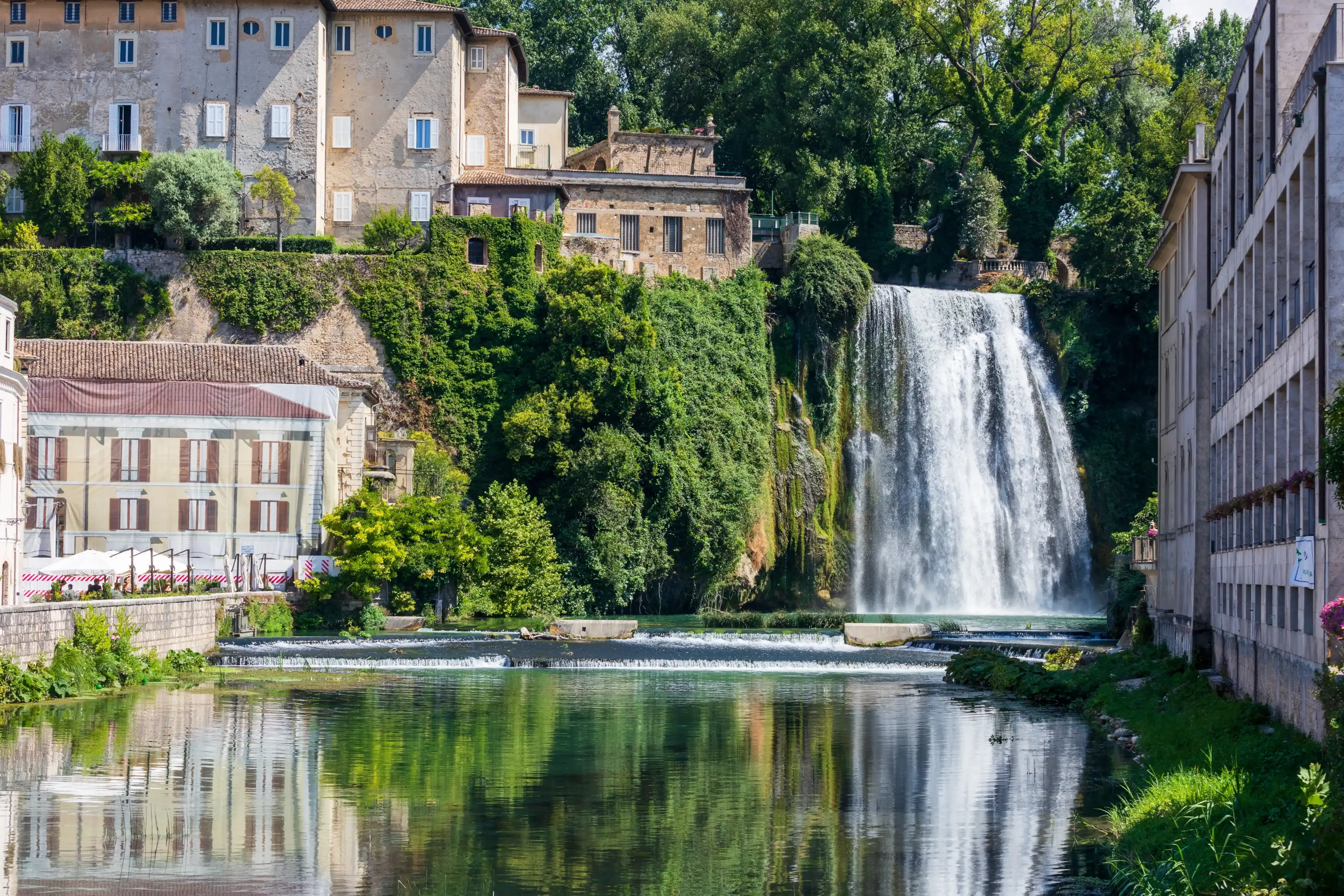 Italy, Frosinone, 07272024: Waterfall in the middle of the Liri Island in Frosinone, Italy Italy, Frosinone, 07272024: Waterfall in the middle of the Liri Island in Frosinone, Italy