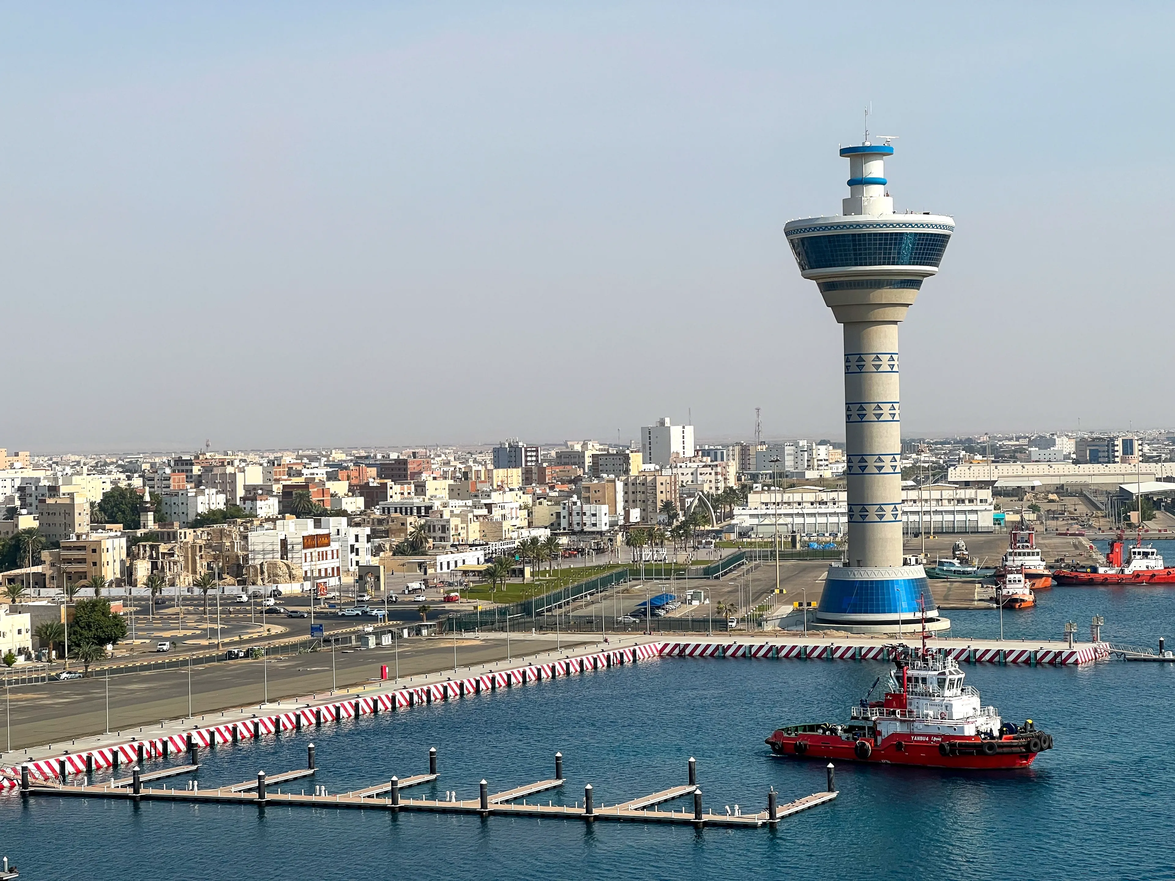 Yanbu, Saudi Arabia - December 22, 2022: Bird's eye view of Yanbu port. Aerial view.