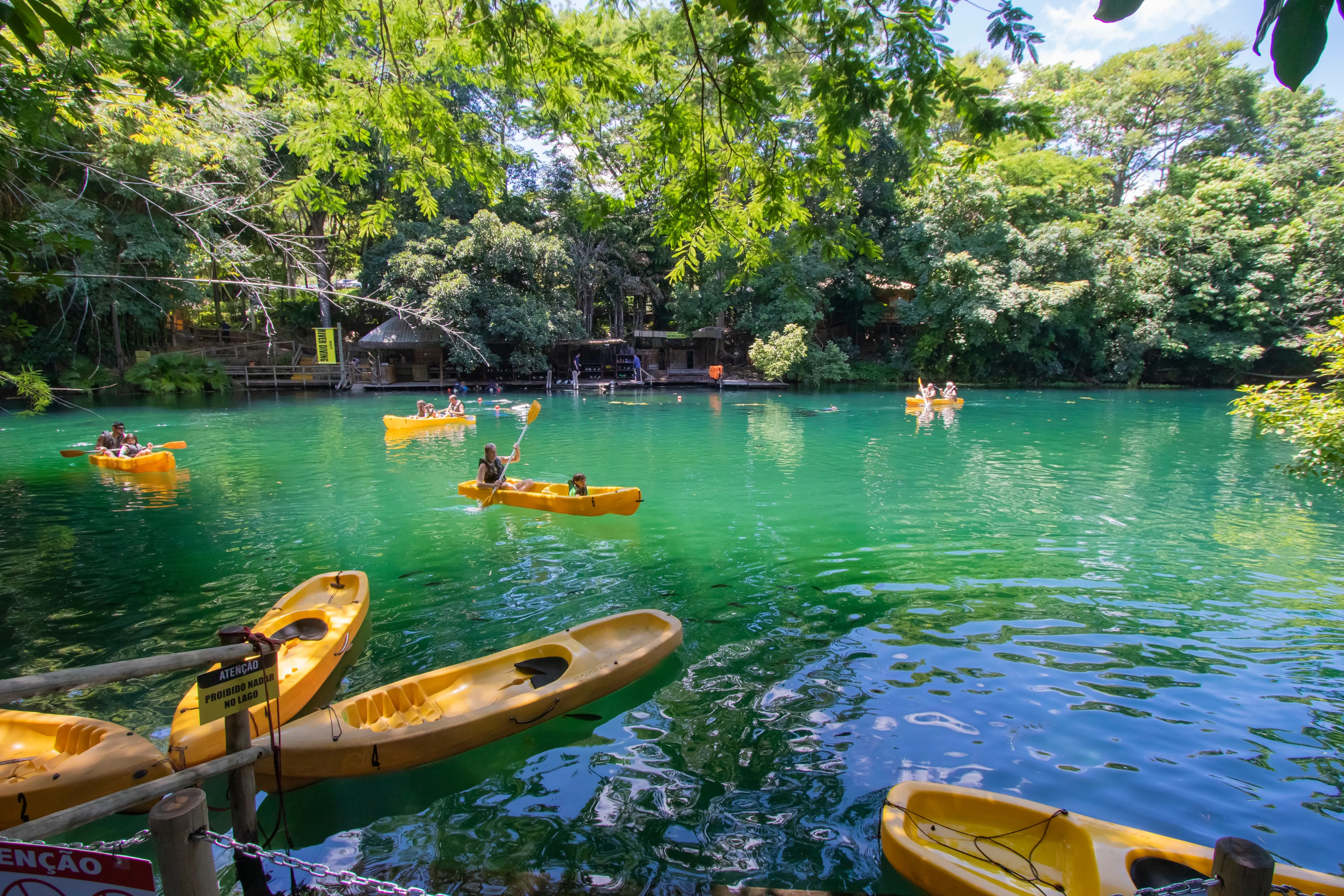 RIO QUENTE, BRAZIL - DECEMBER 07, 2021: Brazilian people have fun in lake on December, 2021, Rio Quente.