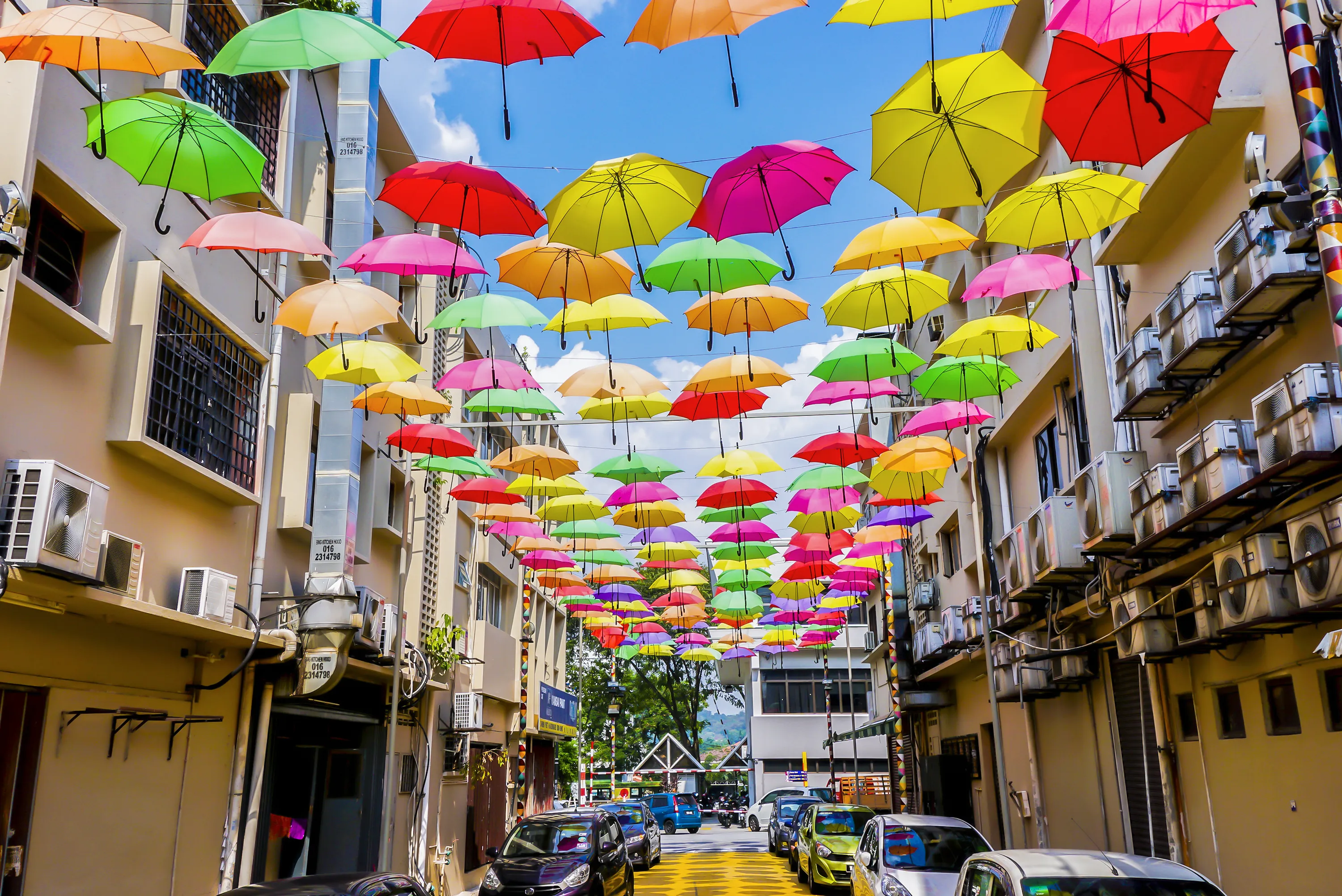 Street decorated with colored umbrellas.Petaling Jaya, Malaysia.
