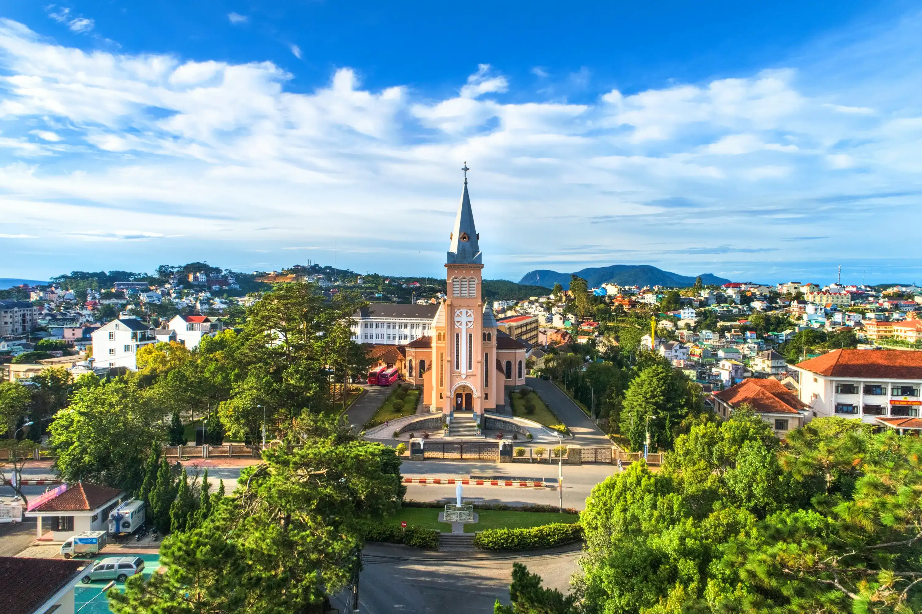 Aerial view of Chicken church in Da Lat city, Vietnam. Tourist city in developed Vietnam. Aerial view of Chicken church in Da Lat city, Vietnam. Tourist city in developed Vietnam.