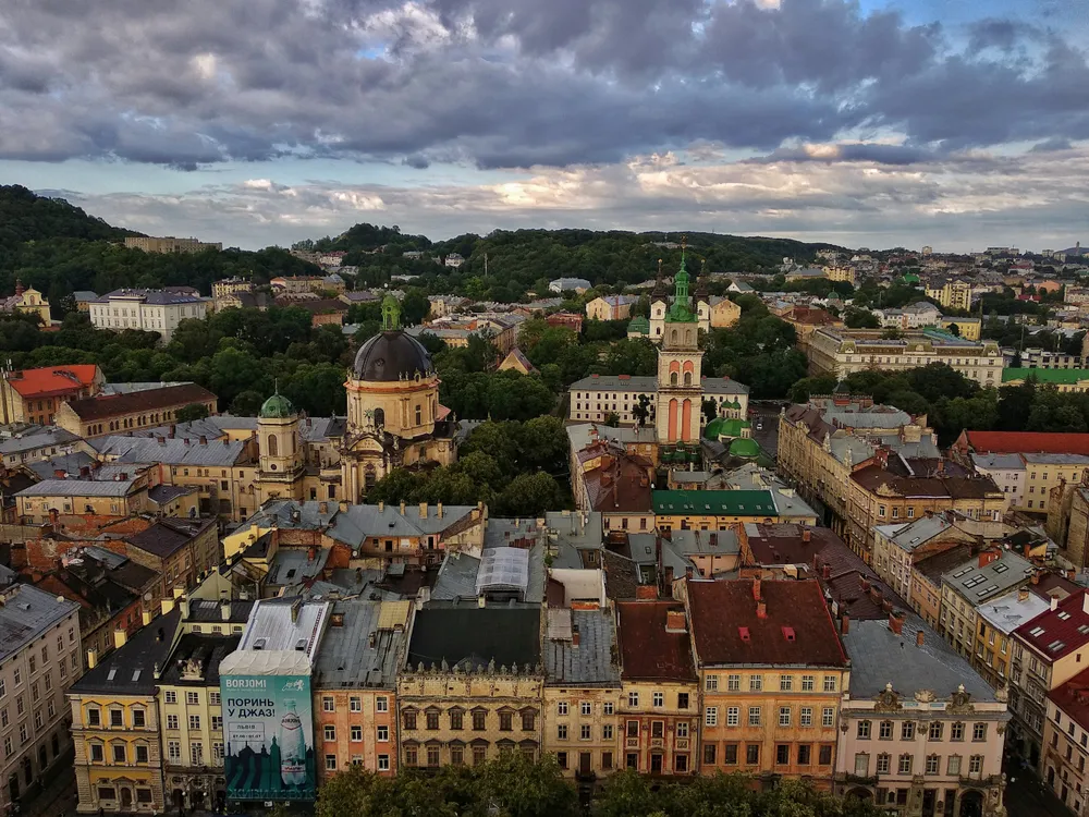 View of Lviv from a height at sunset