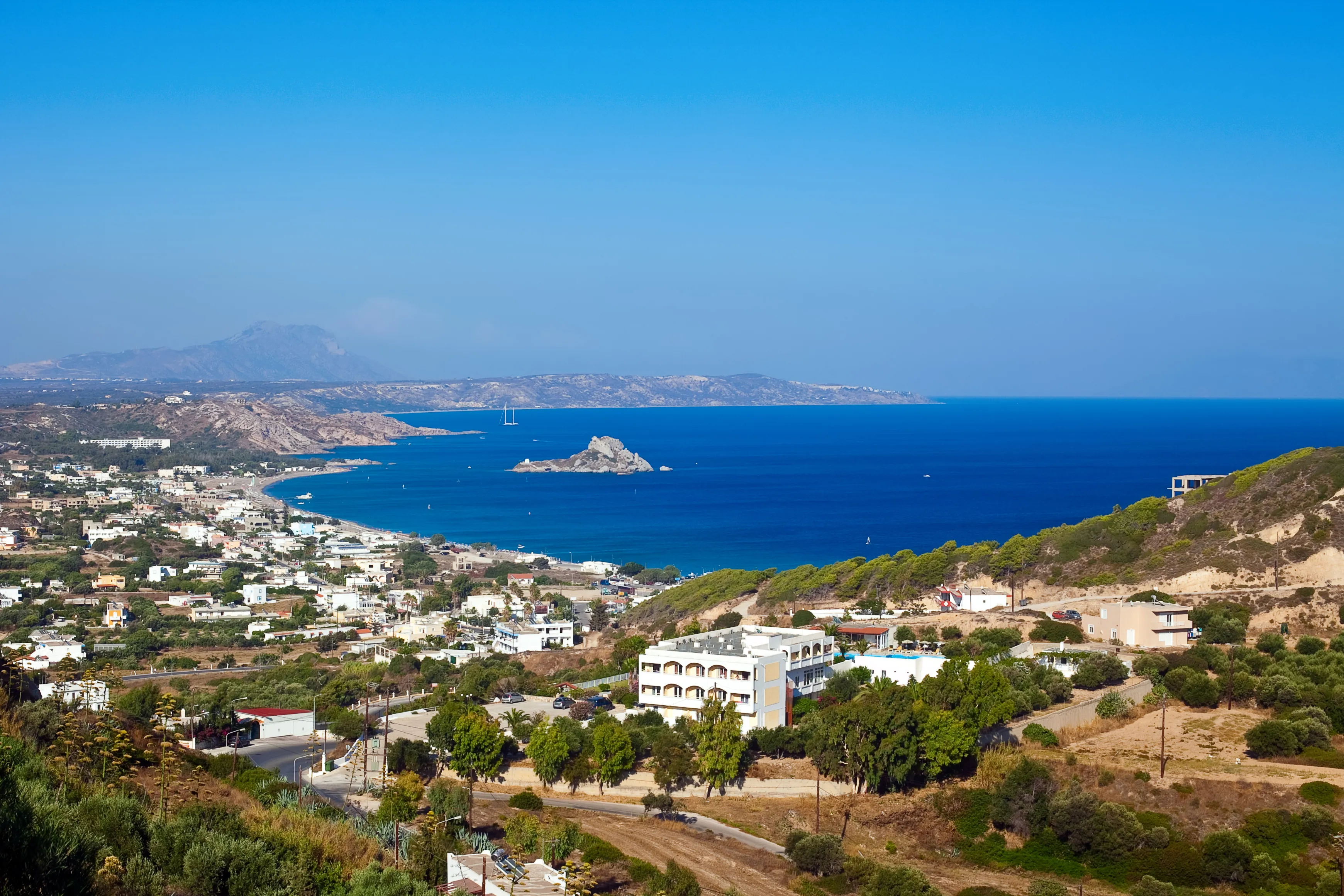 panorama of the Kamari bay with little island Kastri in the south part of the Kos in Greece, Dodecanese