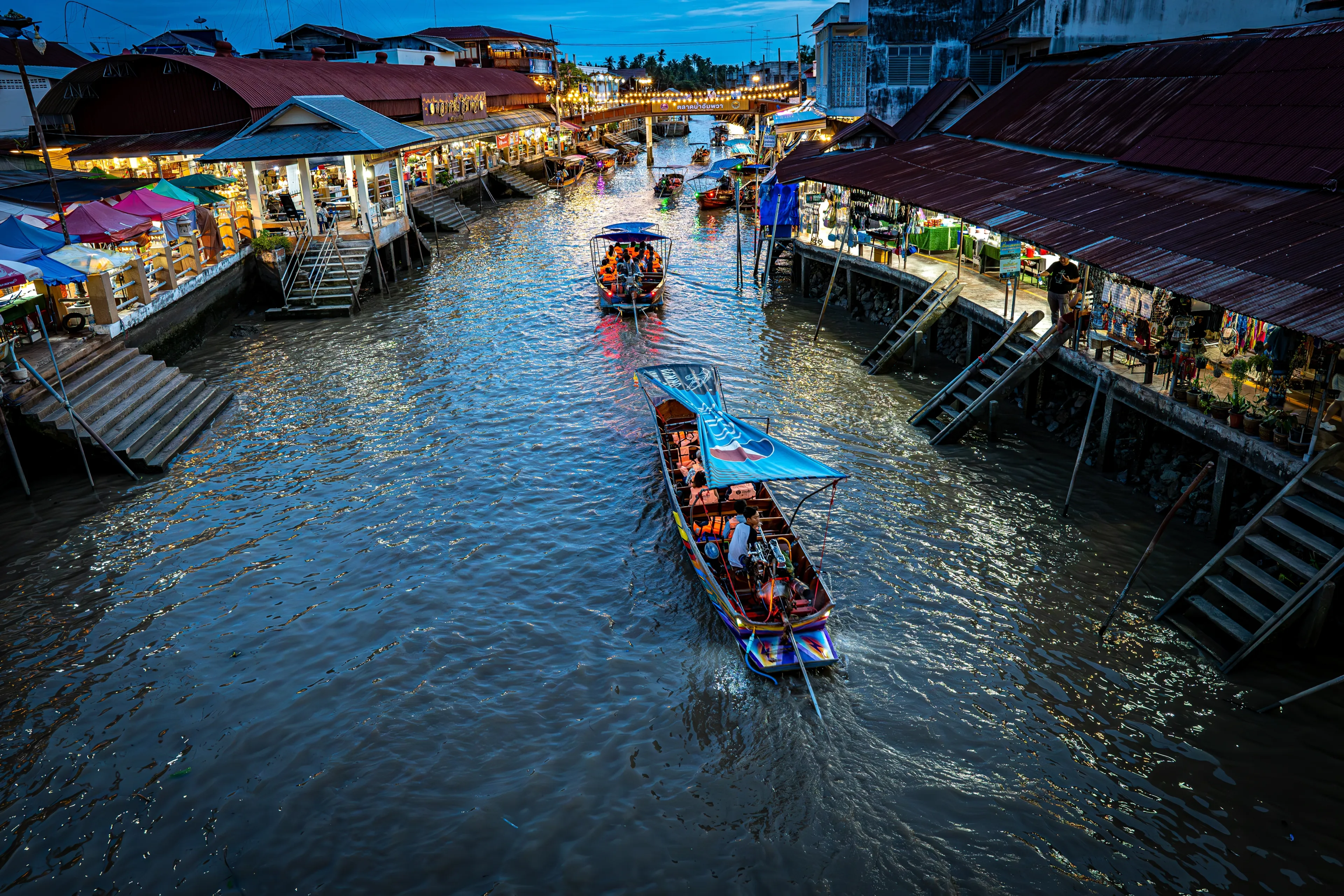 Amphawa, Samut Songkhram, Thailand, June 29th 2024: Amphawa floating market in Damnoen Saduak at night, Samut Songkhram, Thailand