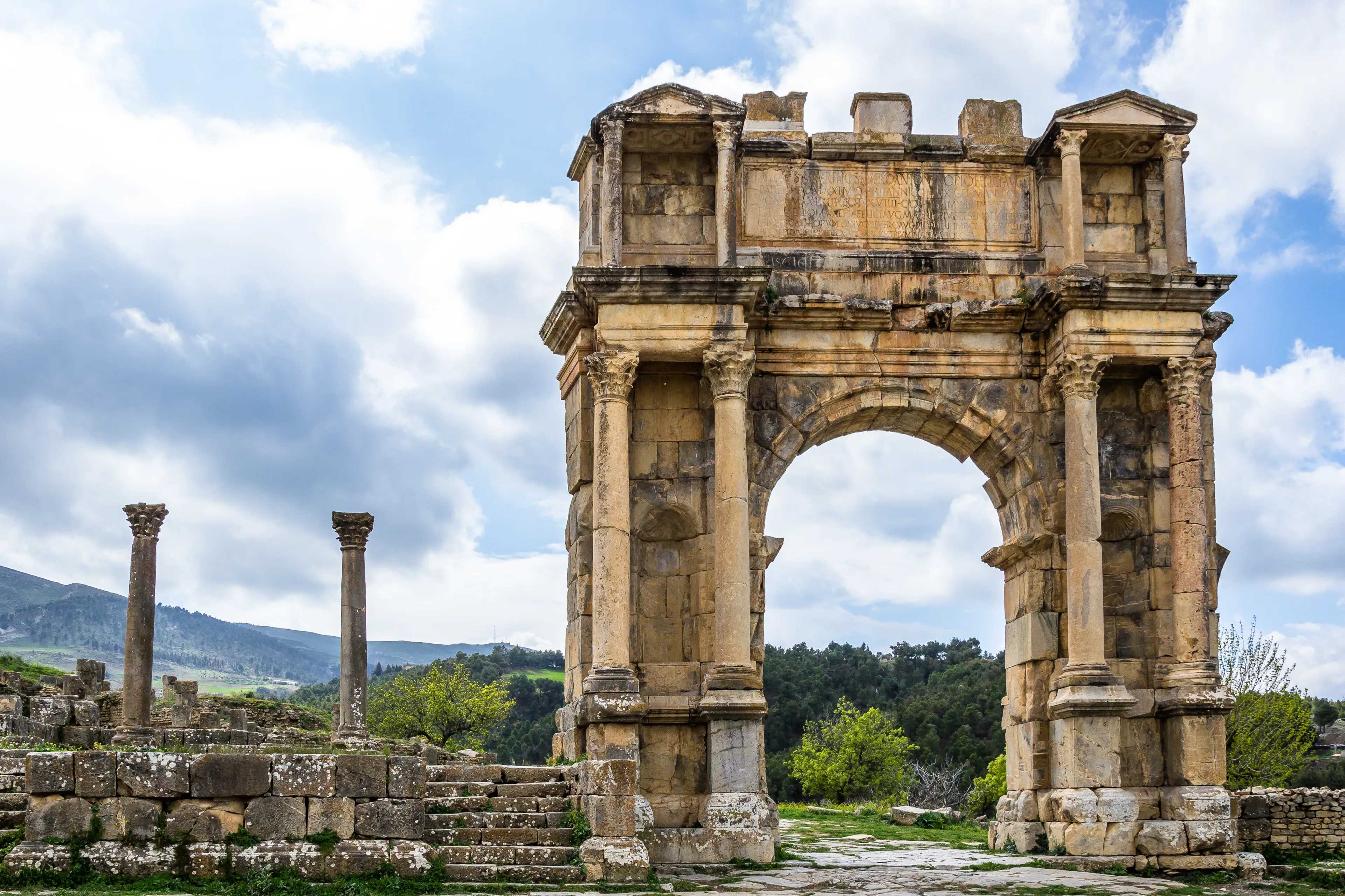 Arch of Caracalla (Marcus Aurelius Antoninus, Roman emperor) at the Djemila archeological site in Algeria, near the northern coast east of Algiers