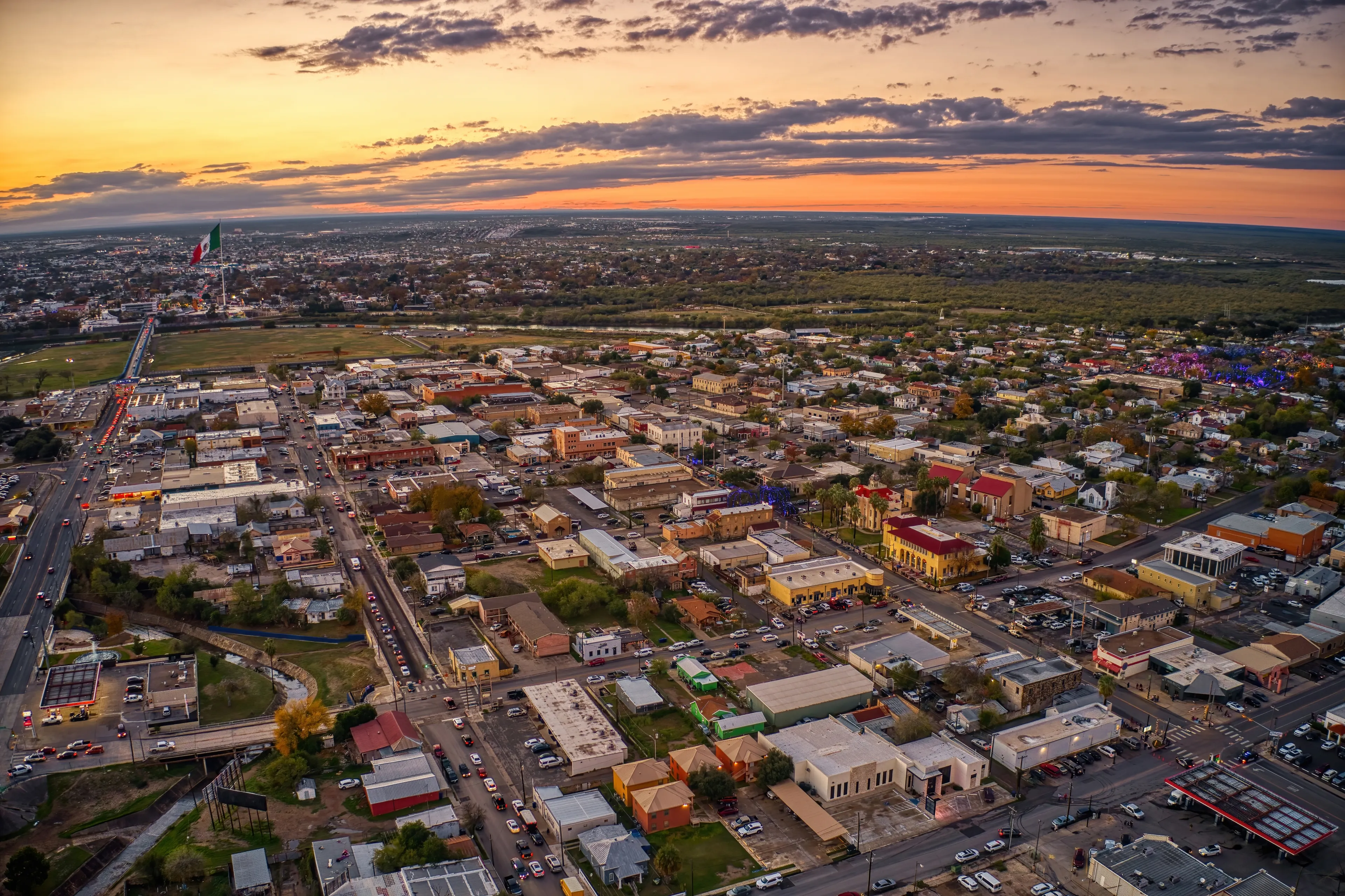 Aerial View of the popular Border Towns of Eagle Pass, Texas and Piedras Negras, Coahuila at Sunset