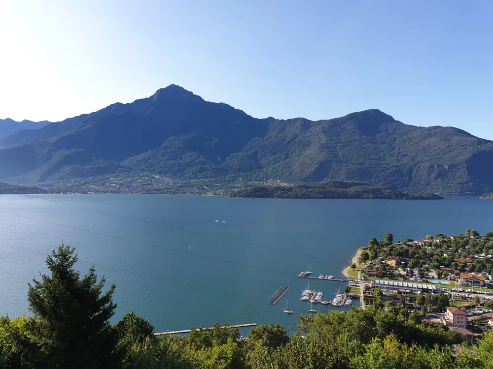 Overlooking Domaso and Colico Piano from a hill in Vercana at lake Como in Italy
