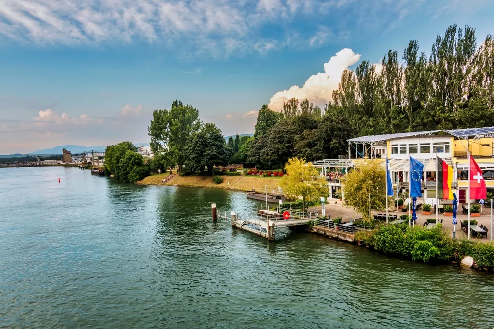 Weil am Rhein, Germany - August 17, 2016: View of Rheinbalkon St. Goar from Dreiländer bridge along River Rhine. 