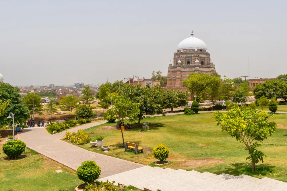 Multan Picturesque Breathtaking View of Qasim Bagh Park with Shah Rukn-e-Alam Sufi Tomb on a Sunny Blue Sky Day