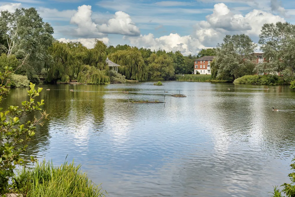 Bandstand and view of the lake at Watermead in Aylesbury, Buckinghamshire, United Kingdom
