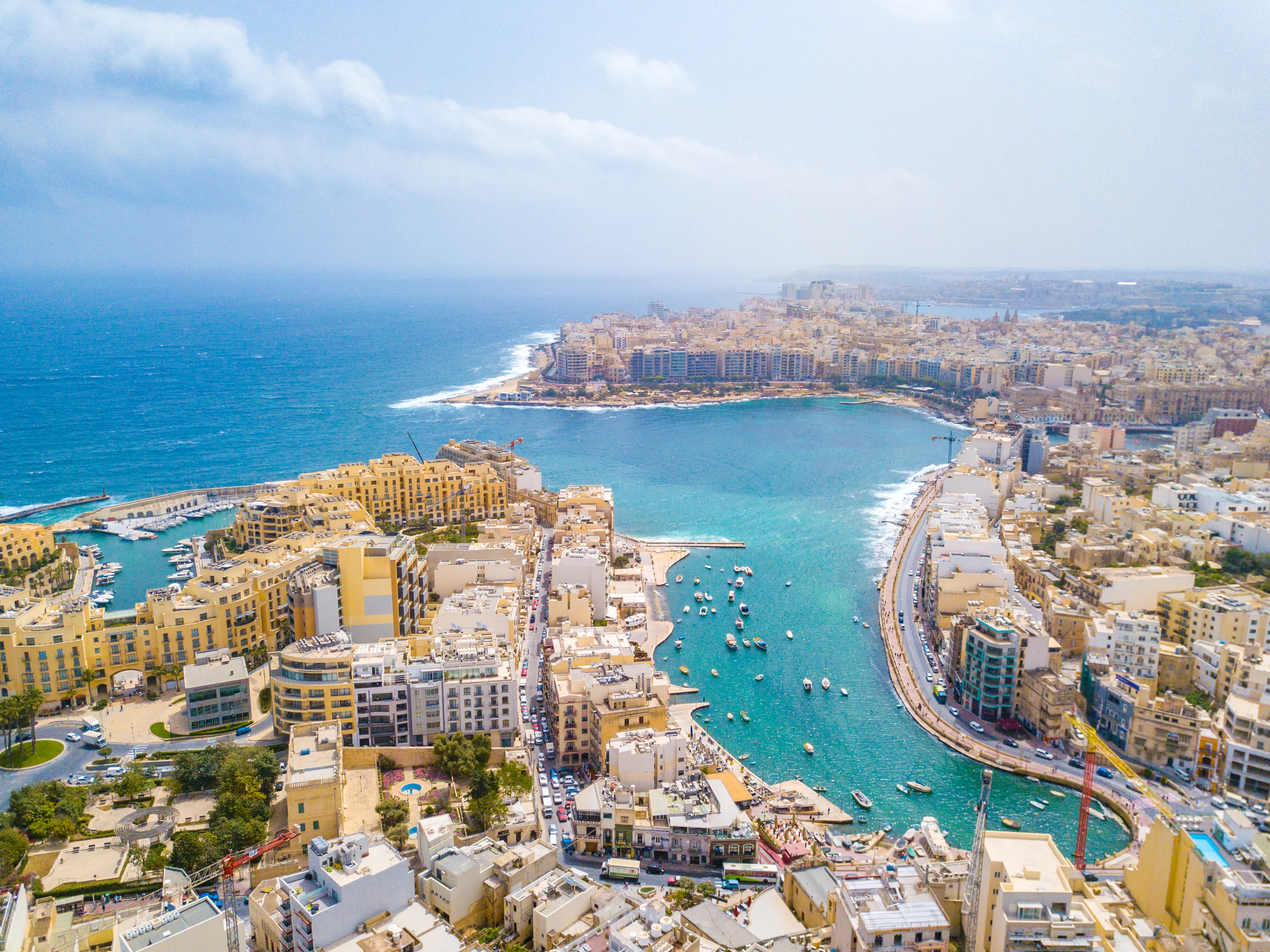 Beautiful aerial view of the Spinola Bay, St. Julians and Sliema town on Malta. 