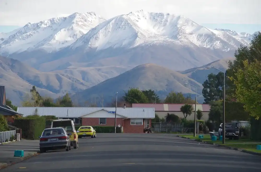 Methven, Canterbury, New Zealand. May 18, 2015. Snow capped mountains view from the town. Te Araroa Trail. Methven, Canterbury, New Zealand. May 18, 2015. Snow capped mountains view from the town. Te Araroa Trail.