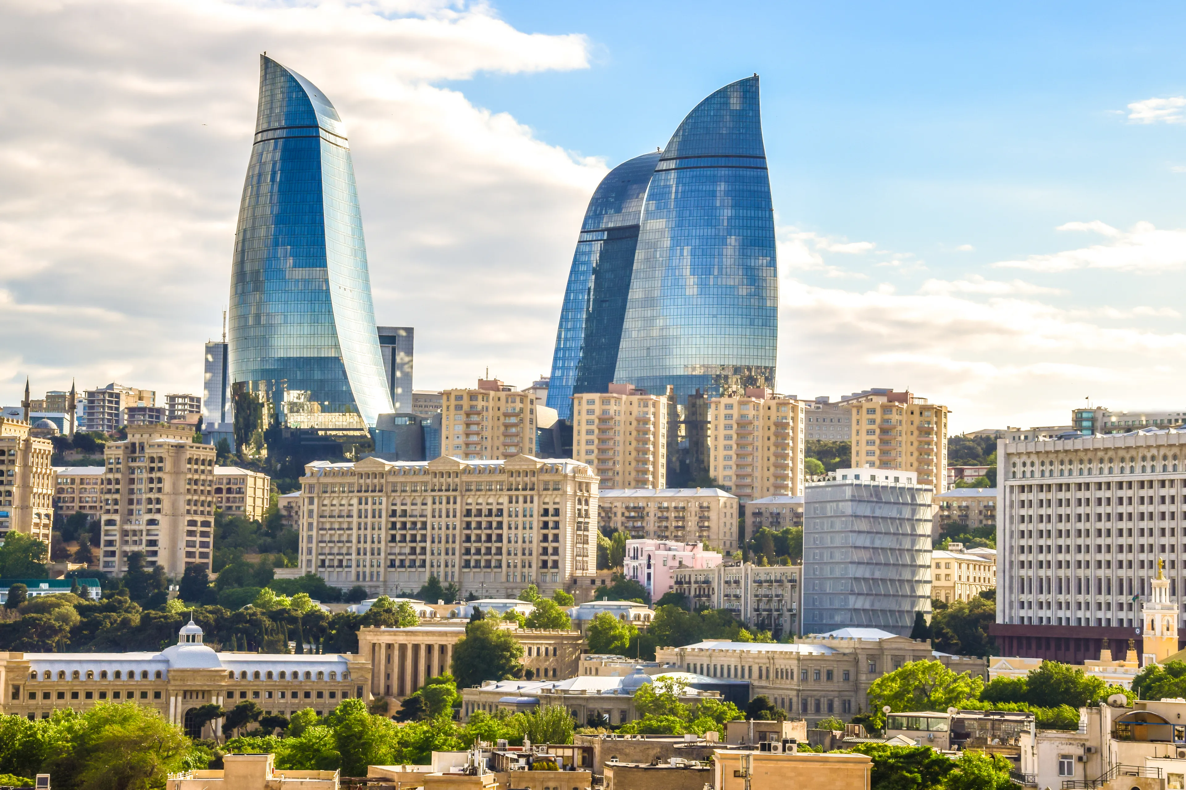 Panoramic cityscape view of Baku, capital city of Azerbaijan on a clean sunny day