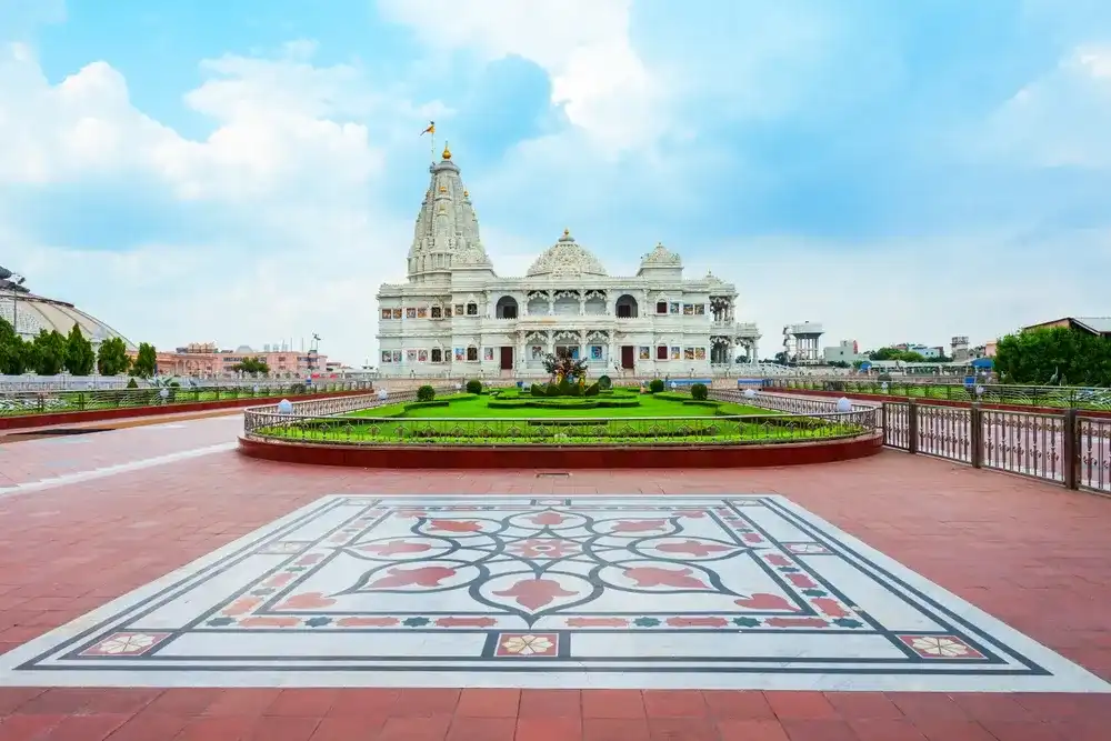 Prem Mandir is a Hindu temple dedicated to Shri Radha Krishna in Vrindavan near Mathura city in Uttar Pradesh state of India Prem Mandir is a Hindu temple dedicated to Shri Radha Krishna in Vrindavan near Mathura city in Uttar Pradesh state of India