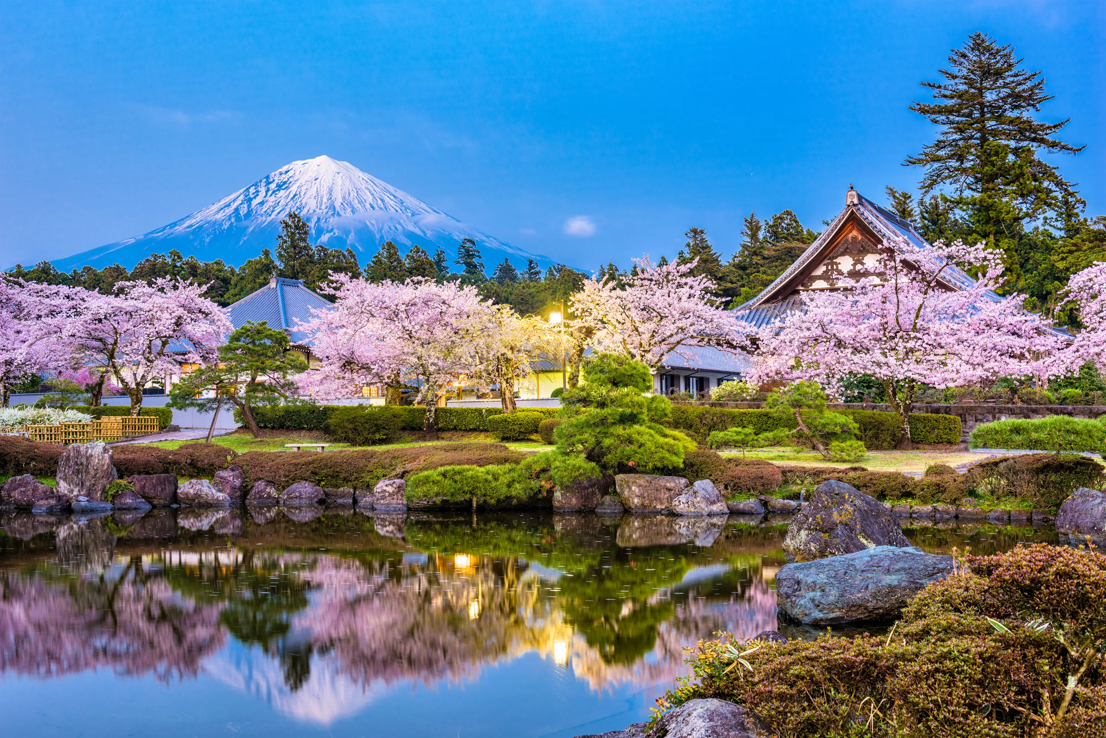 Fujinomiya, Shizuoka, Japan with Mt. Fuji and temples in spring season.