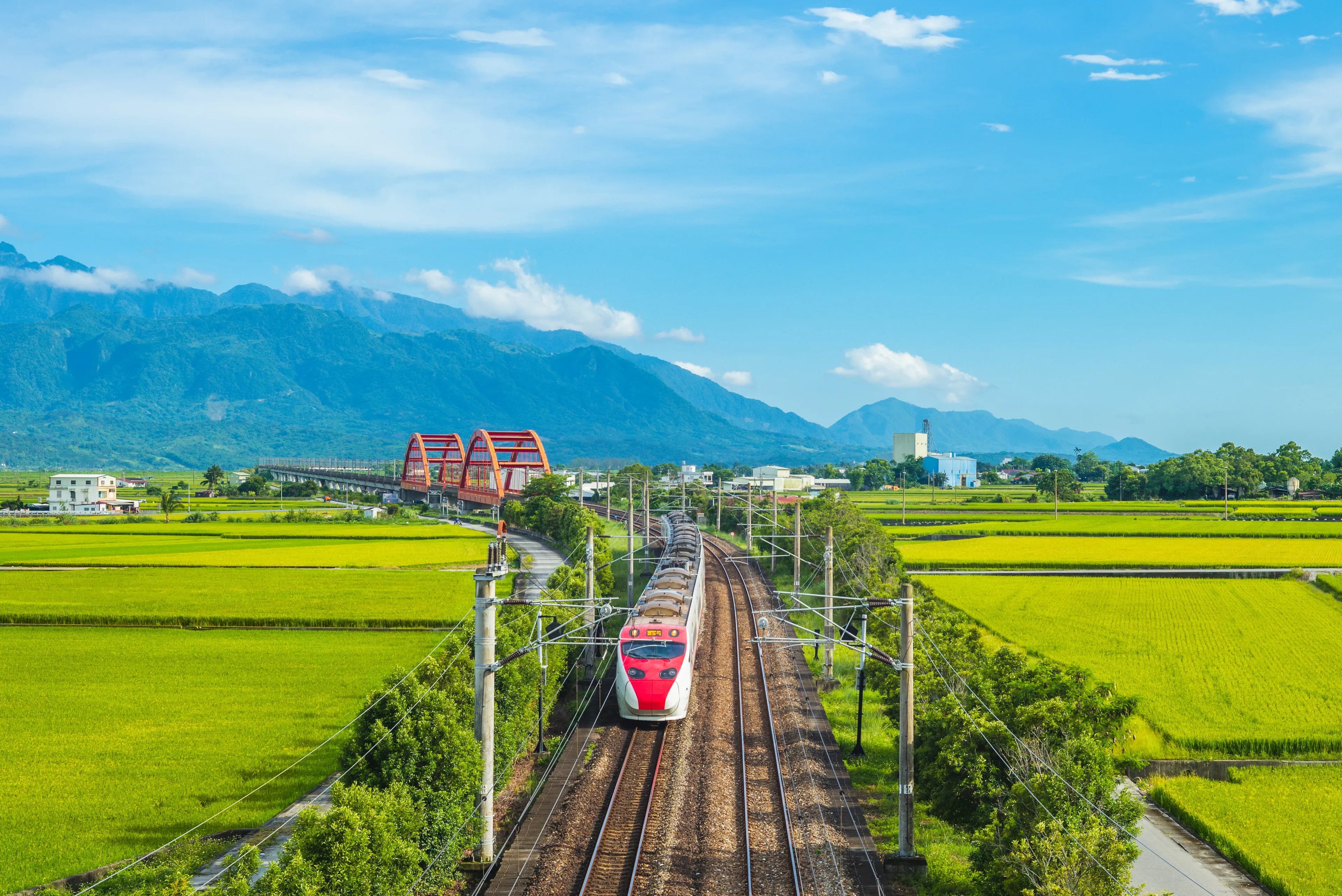 puyuma train on the field near kecheng bridge in yuli, hualien, taiwan