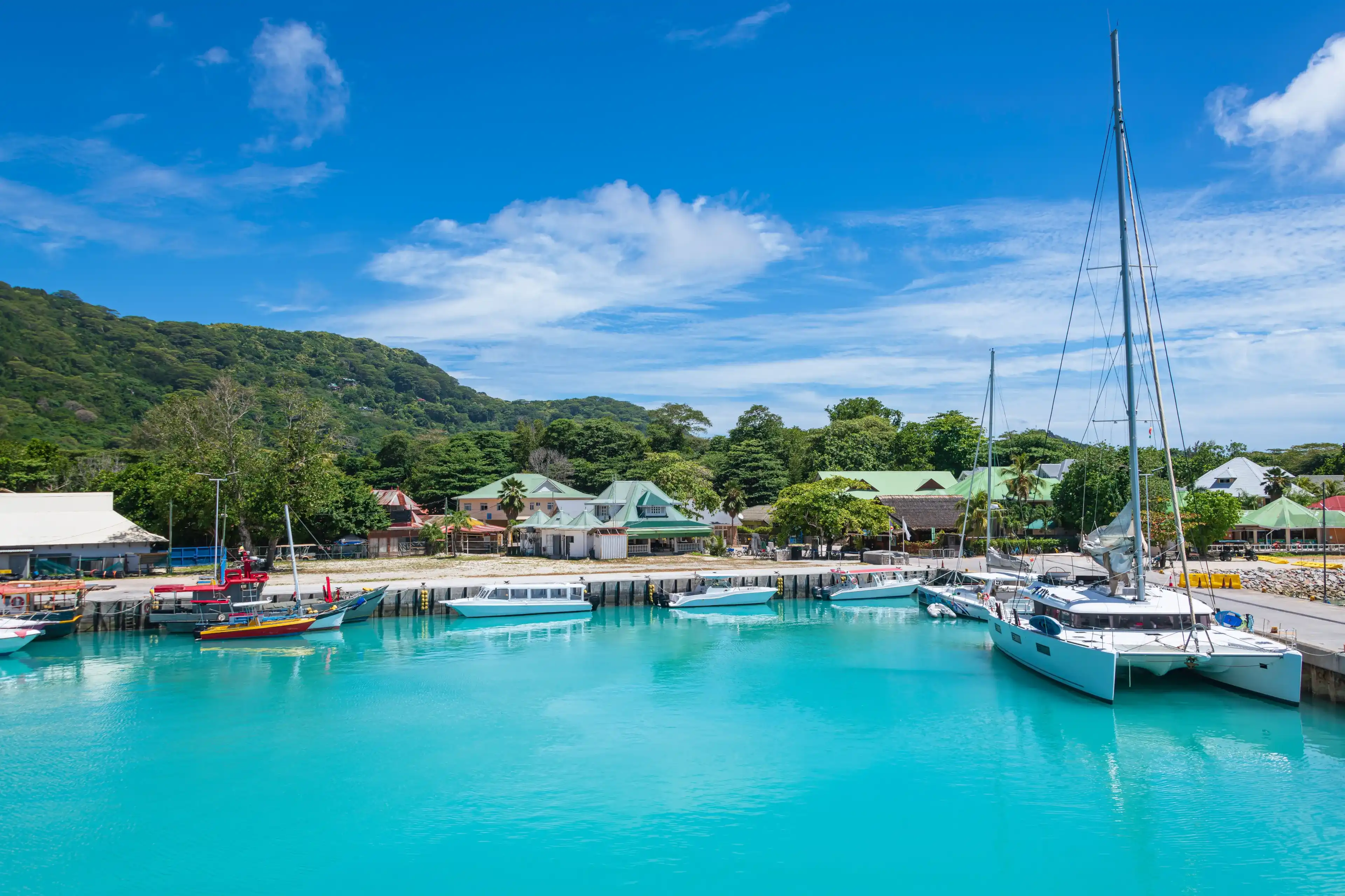 Panoramic View Over The Ferry Harbor Of La Passe On La Digue Island, Seychelles Panoramic View Over The Ferry Harbor Of La Passe On La Digue Island, Seychelles