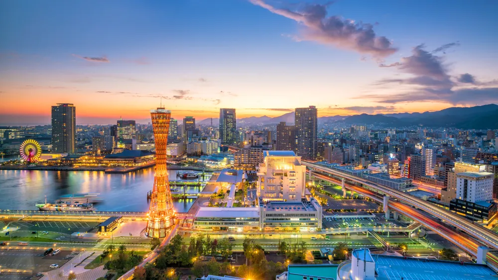 Skyline and Port of Kobe in Japan at twilight