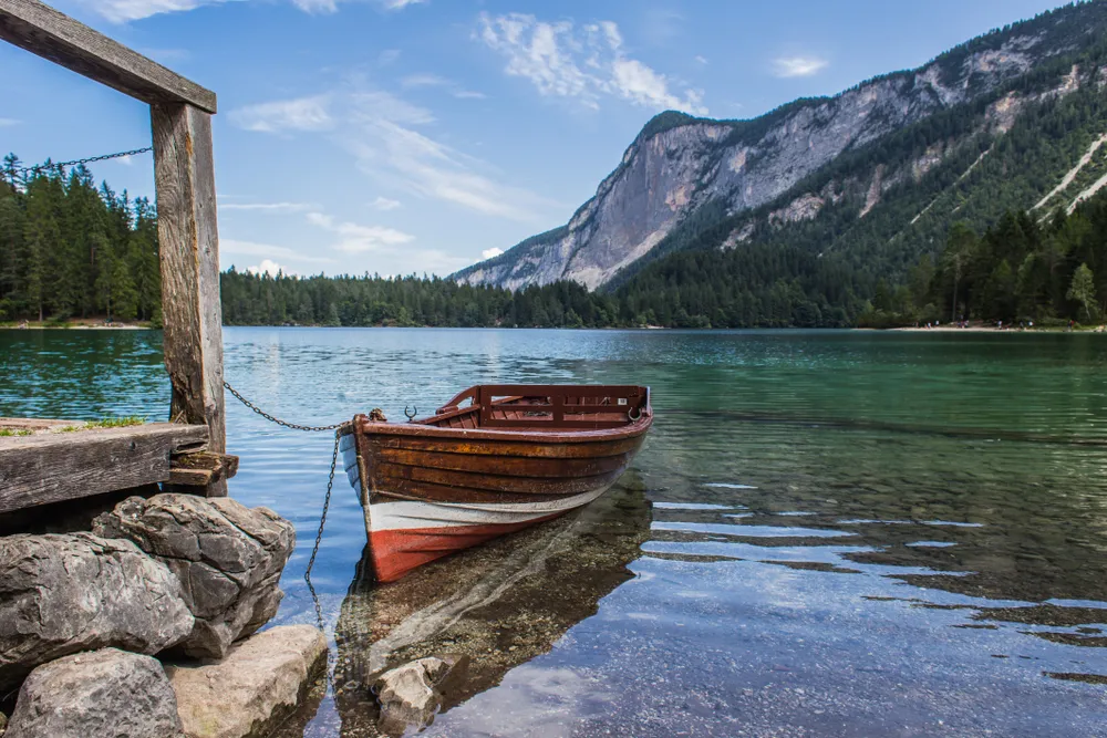 Tuenno, Italy - August 22 2019 : Boat on Lake Tovel