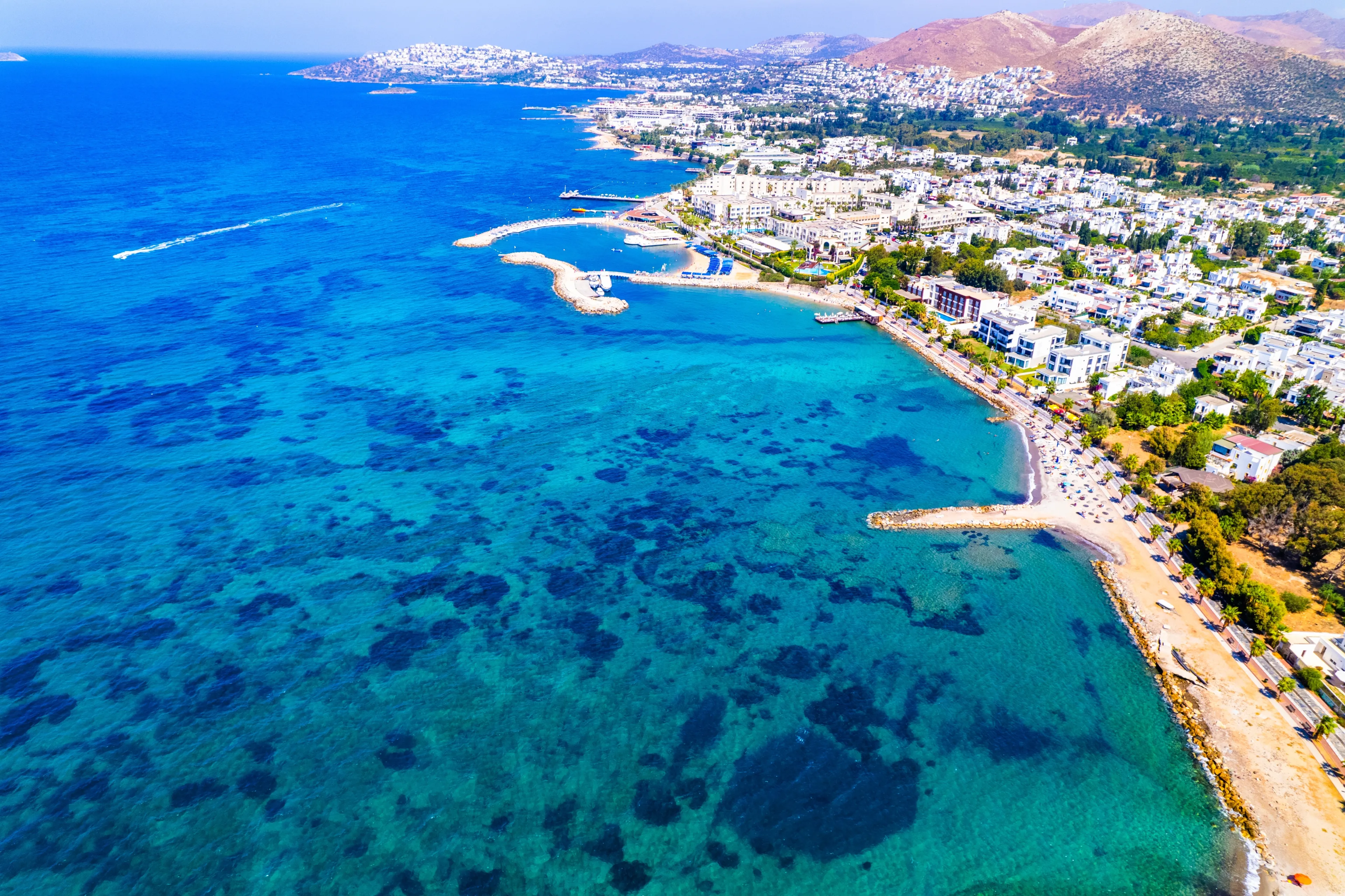 Aerial view of Turgutreis, Bodrum. Mugla, Turkey. Panoramic view of Turgutreis beach. Drone shot.