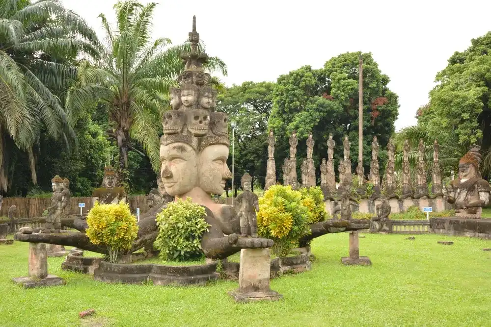 Laos, Vientiane - aerial view over a group of statues at Buddha Park or Wat Xieng Khouane Luang (November 08, 2016) Laos, Vientiane - aerial view over a group of statues at Buddha Park or Wat Xieng Khouane Luang (November 08, 2016)