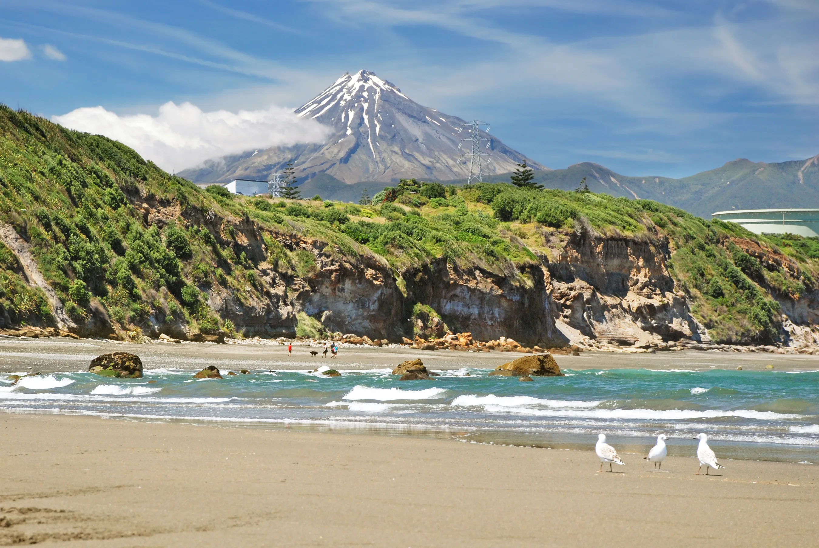 Beach in New Plymouth with Mt. Taranaki in the background, New Plymouth, New Zealand
