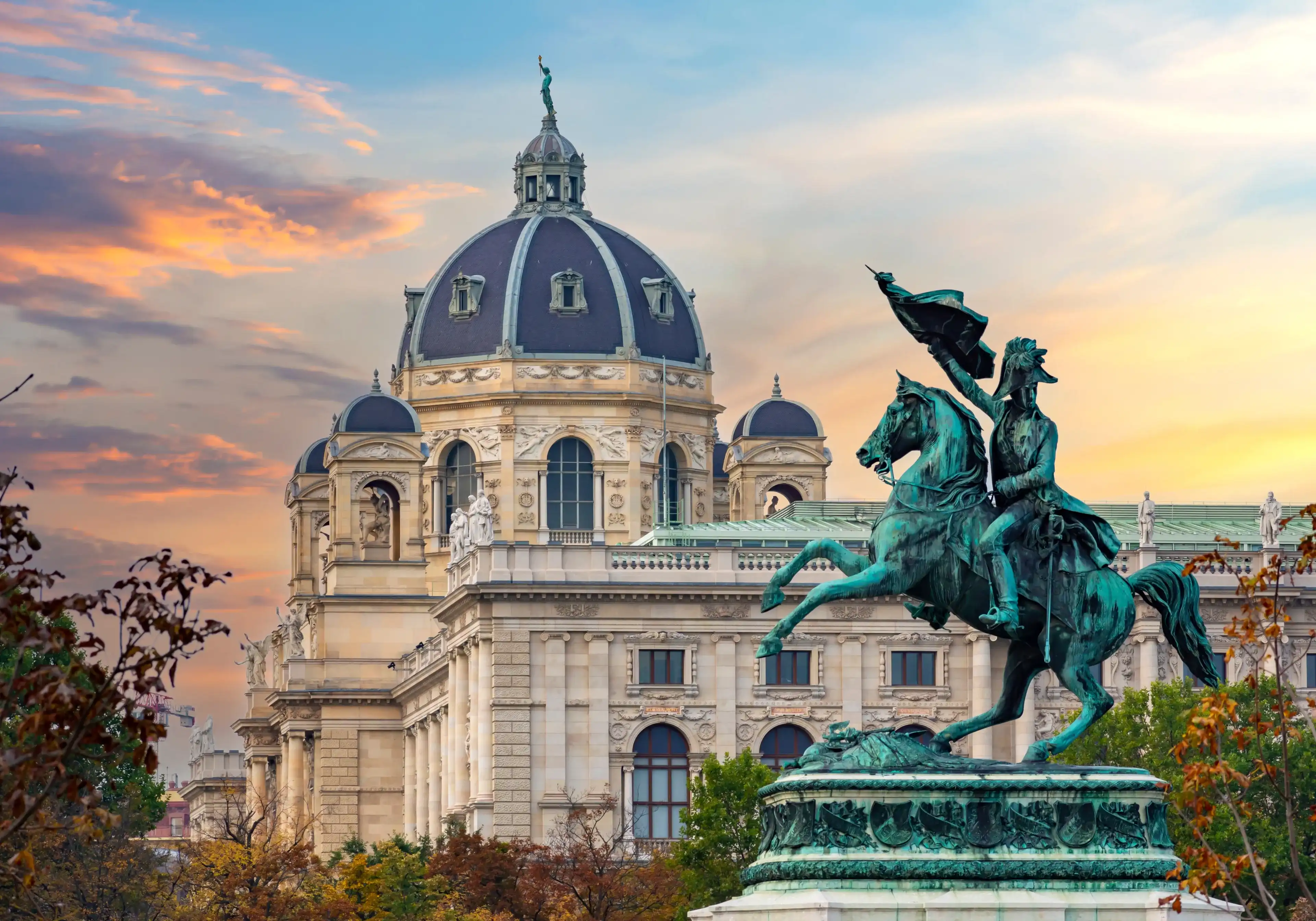 Statue of Archduke Charles and Museum of Natural History dome, Vienna, Austria Statue of Archduke Charles and Museum of Natural History dome, Vienna, Austria